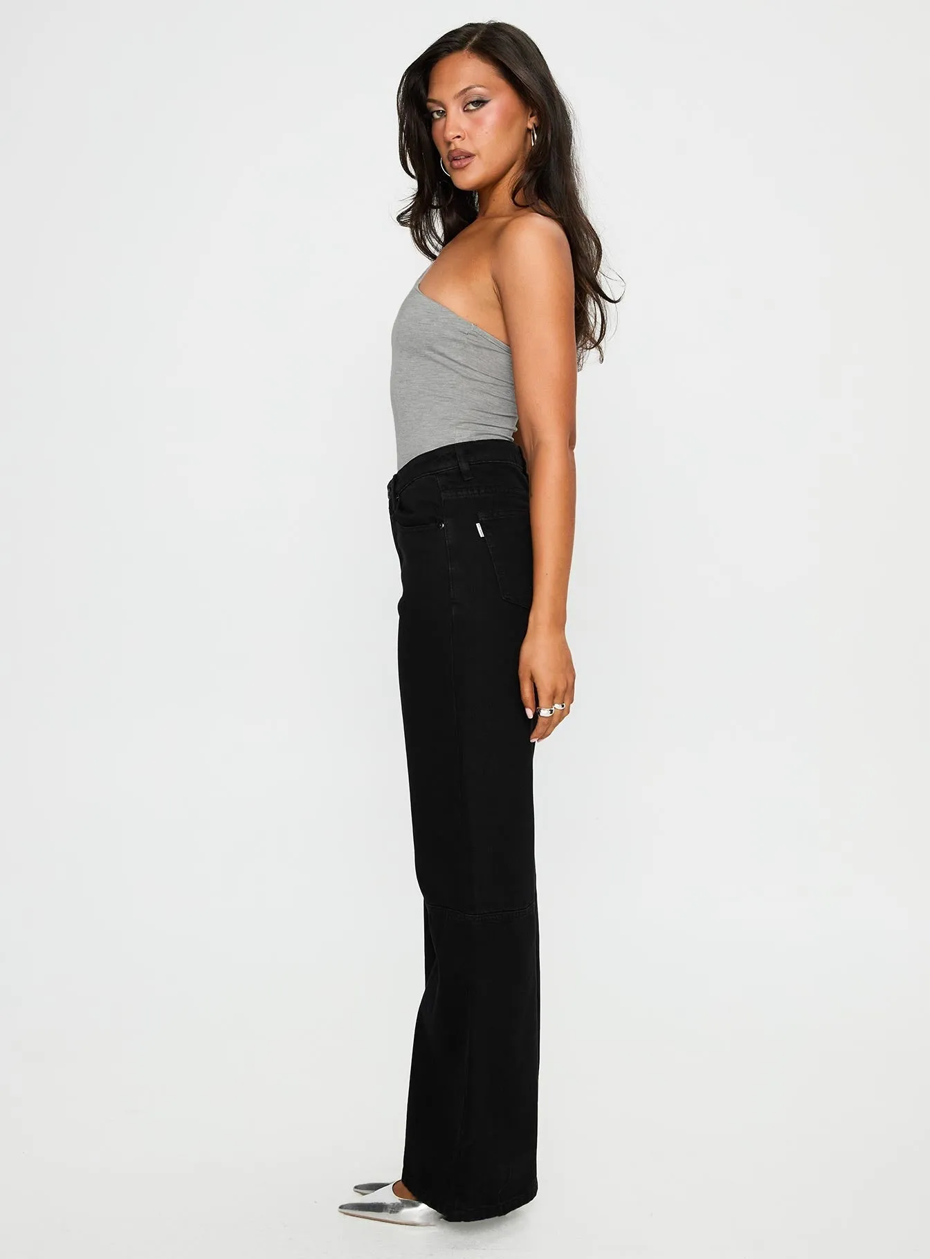 Adjustable Waist Daily Look Defender Mid Rise Wide Leg Jeans Black