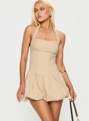 Cozy Fashion Weekend Look Gigli Bubble Hem Mini Dress Beige