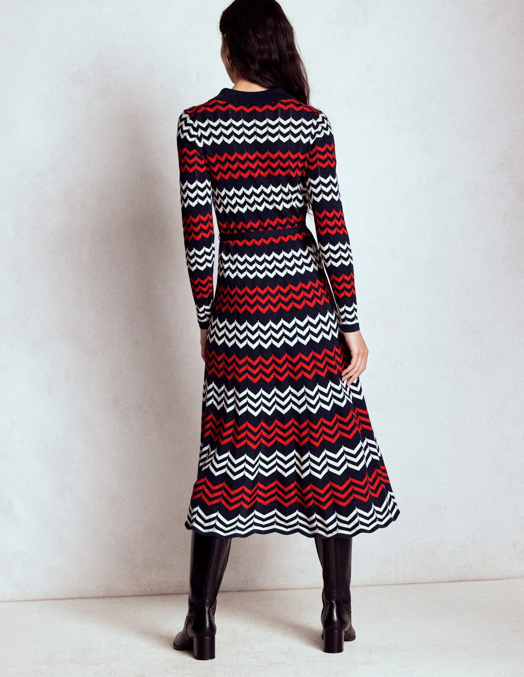 Chevron Stitch Midi Dress-Navy, Red and Ivory Chevron Planet View Inner Glow