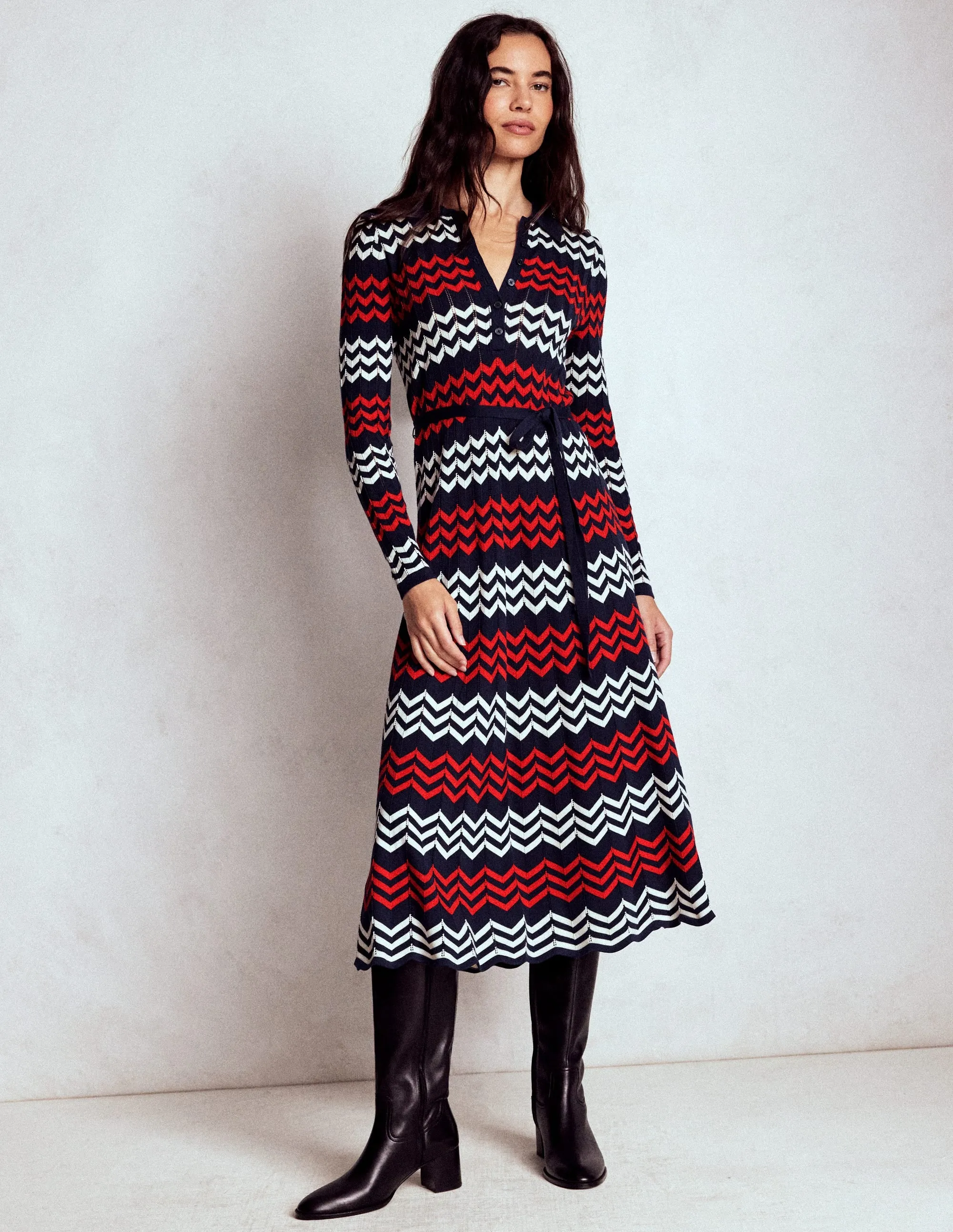 Harbor Light Retro Fan Chevron Stitch Midi Dress-Navy, Red and Ivory Chevron