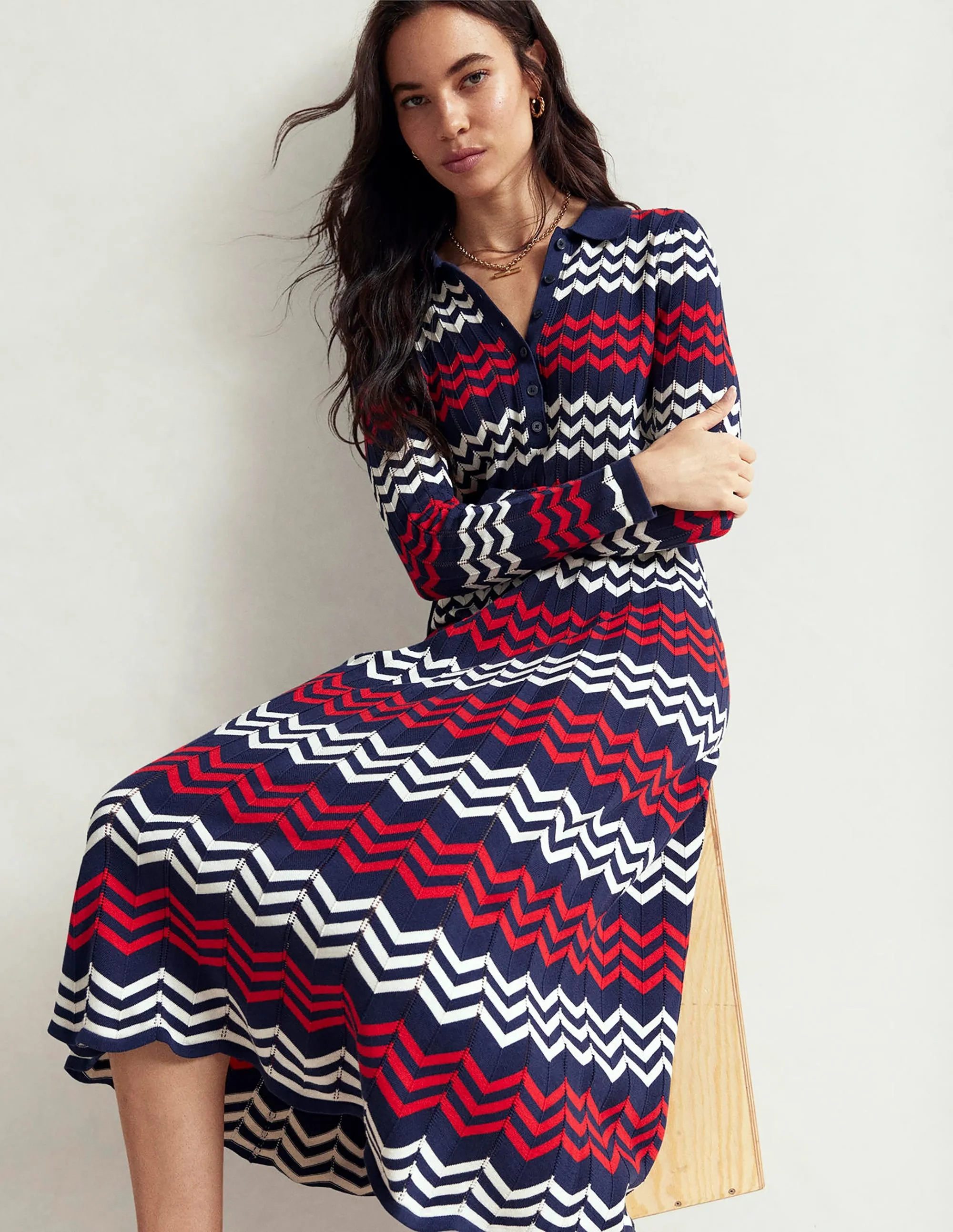 Comfortable casual midi Elegant semi-formal gown Chevron Stitch Midi Dress-Navy, Red and Ivory Chevron
