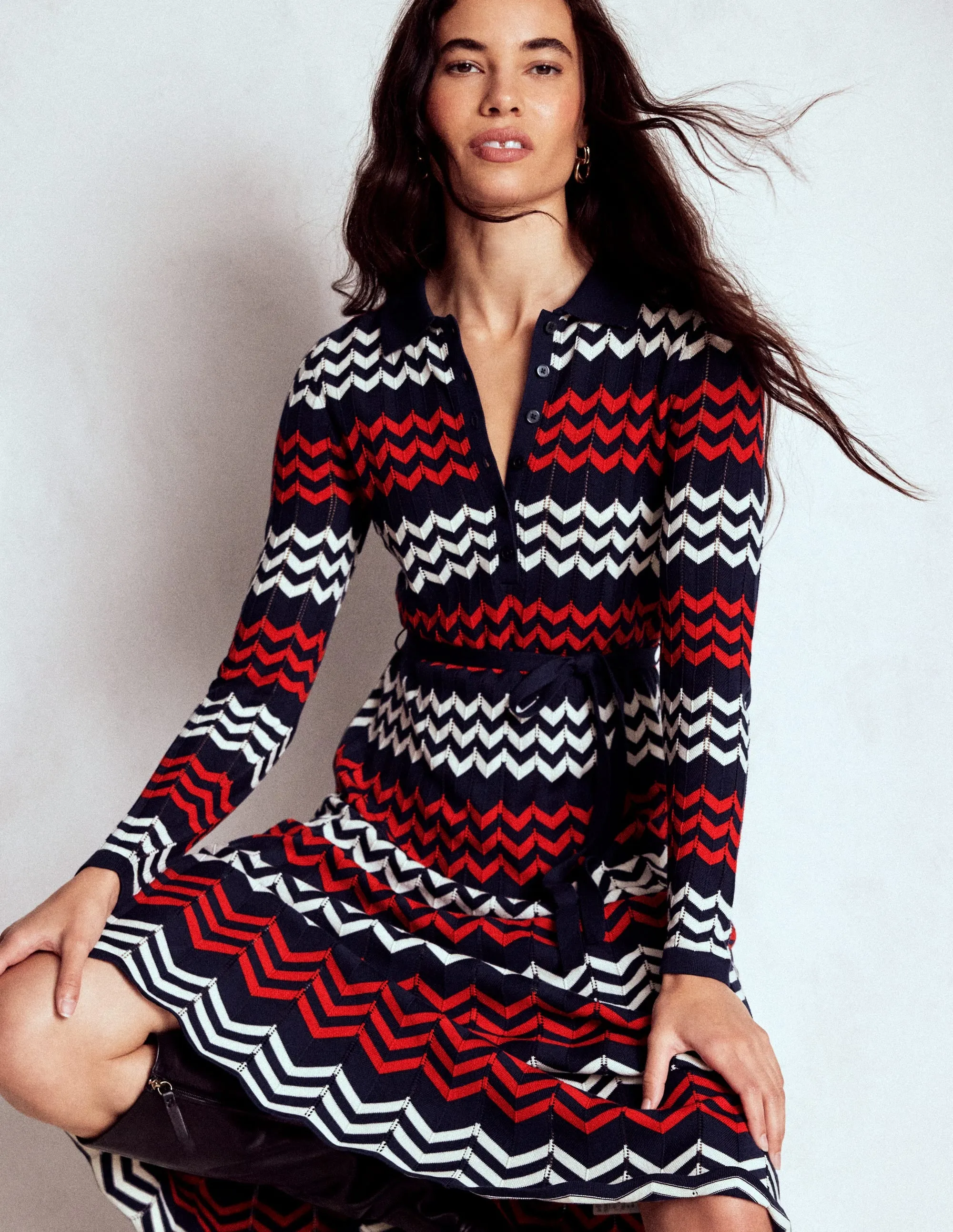 Chevron Stitch Midi Dress-Navy, Red and Ivory Chevron Urban Grace Versatile Design