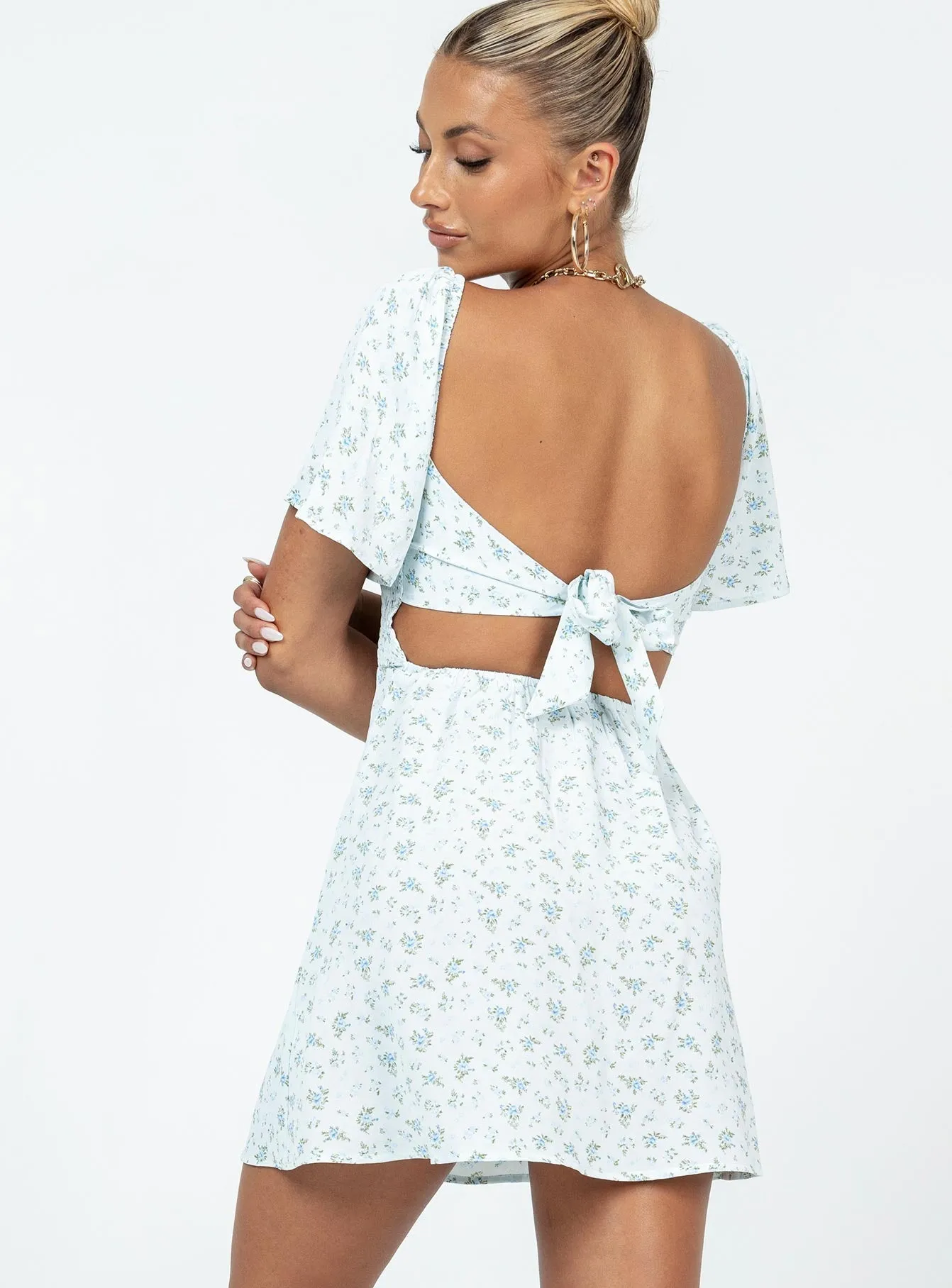 Flexible Edge Binding Double Layered Hem Summer Nights Mini Dress Blue Floral