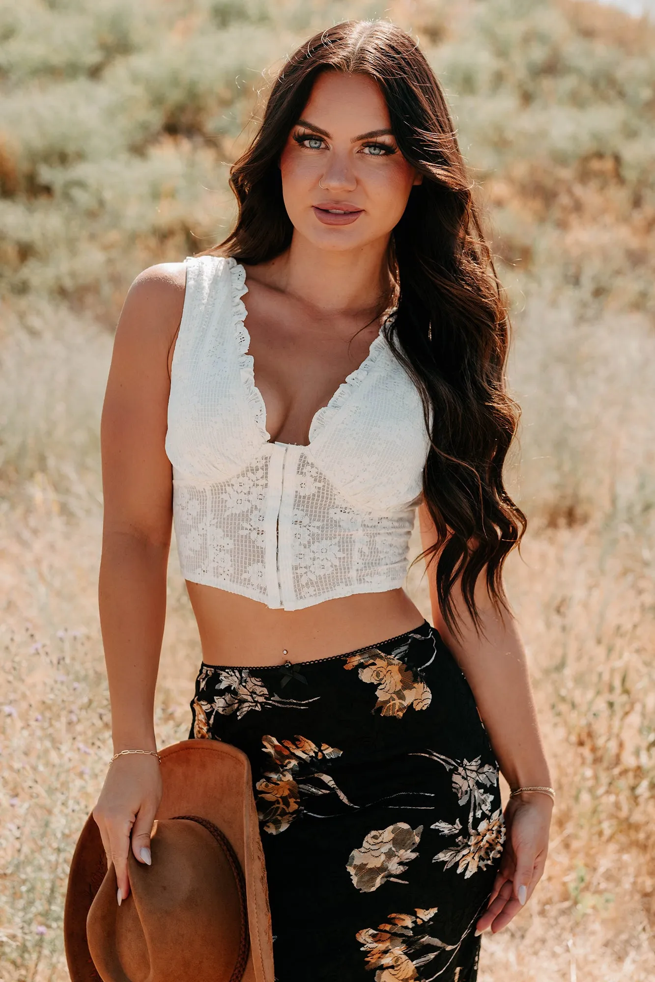 Dream In Gold Sleeveless Floral Lace Top (Cream) Soft touch finish
