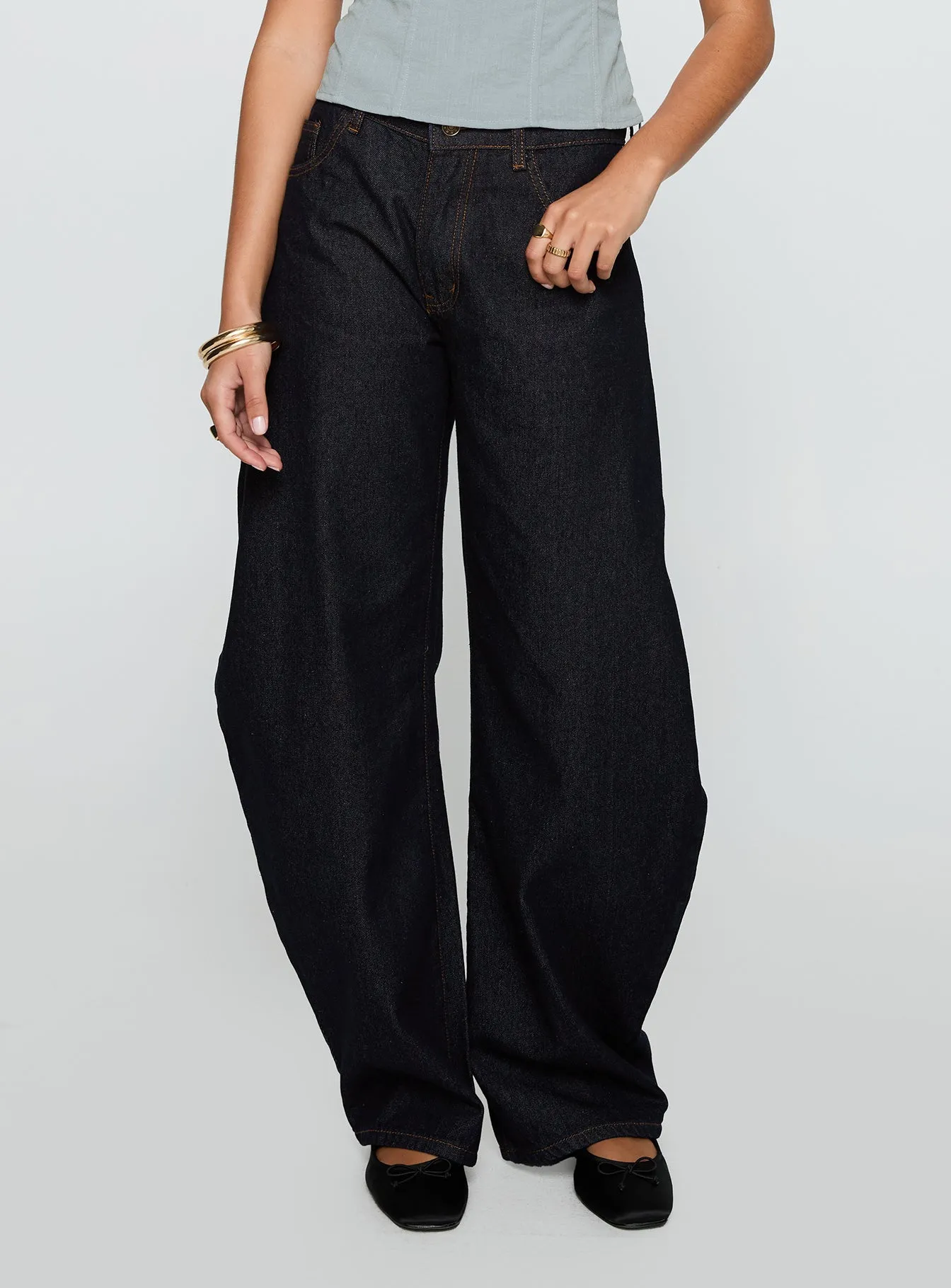 Versatile Cut Horseshoe Mid Rise Barrel Leg Jeans Dark Denim