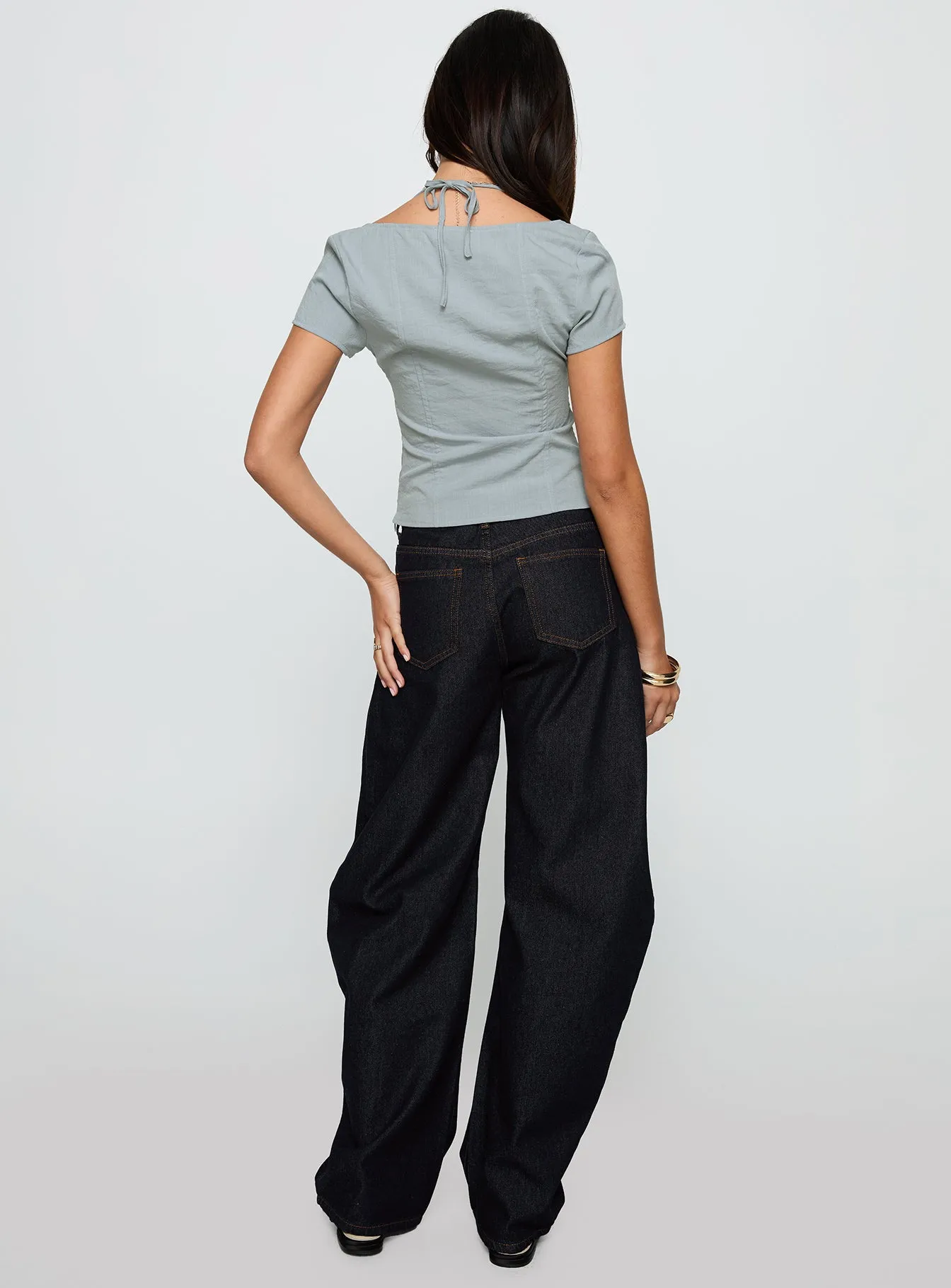 Horseshoe Mid Rise Barrel Leg Jeans Dark Denim Cool Day Look Utility Basic