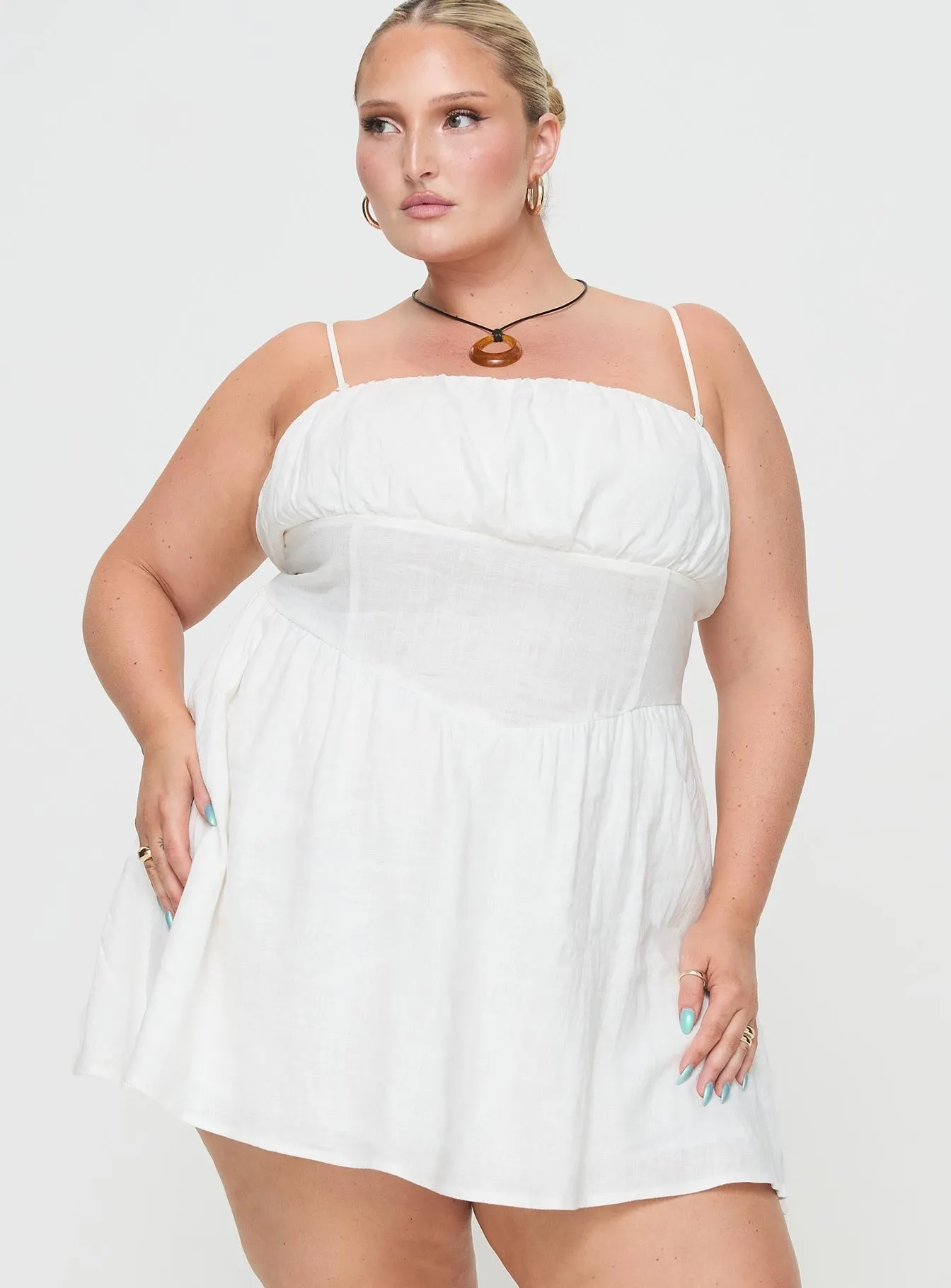 Light Fit Slow Dance Linen Blend Mini Dress White Curve