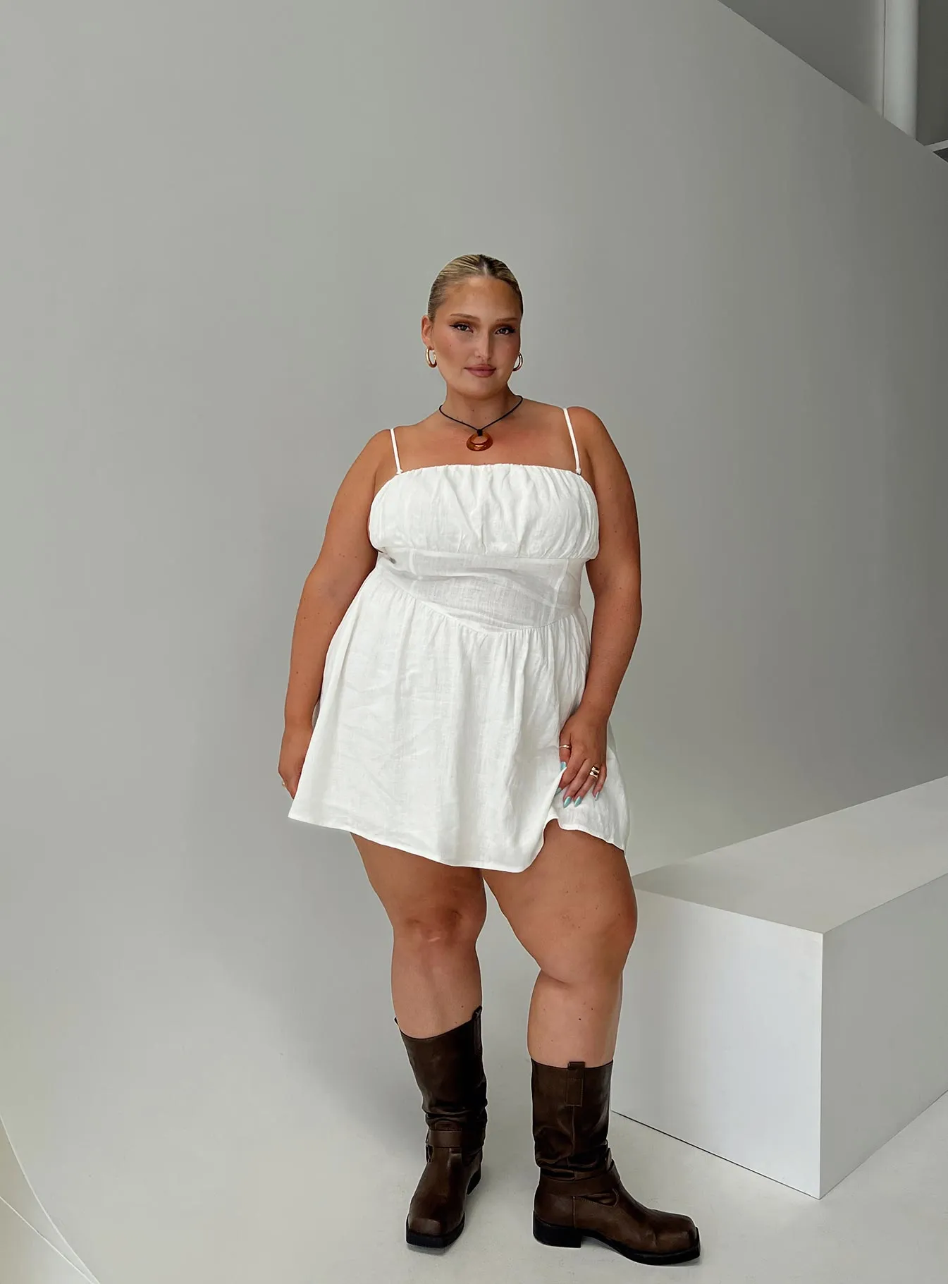 Slow Dance Linen Blend Mini Dress White Curve Scene Rush Water Repellent Coating