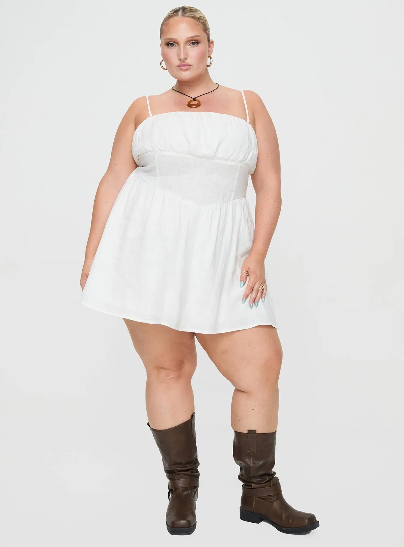 Charming Detail Cozy Look Slow Dance Linen Blend Mini Dress White Curve