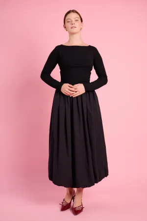Long Sleeve Combo Dress in Black Tencel Blend Fabric