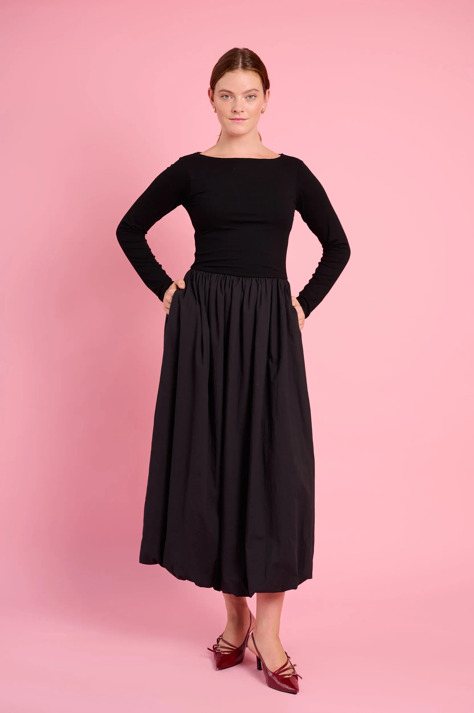TaglessNeckline Basic Core Long Sleeve Combo Dress in Black