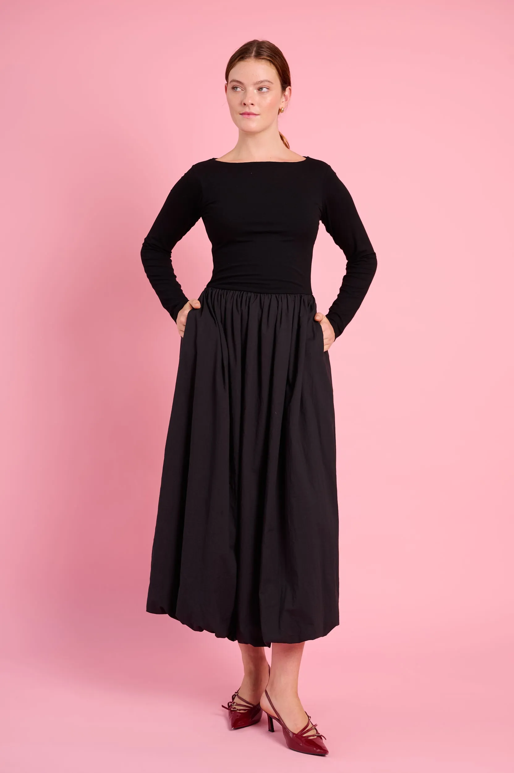 Long Sleeve Combo Dress in Black AntiPilling Surface