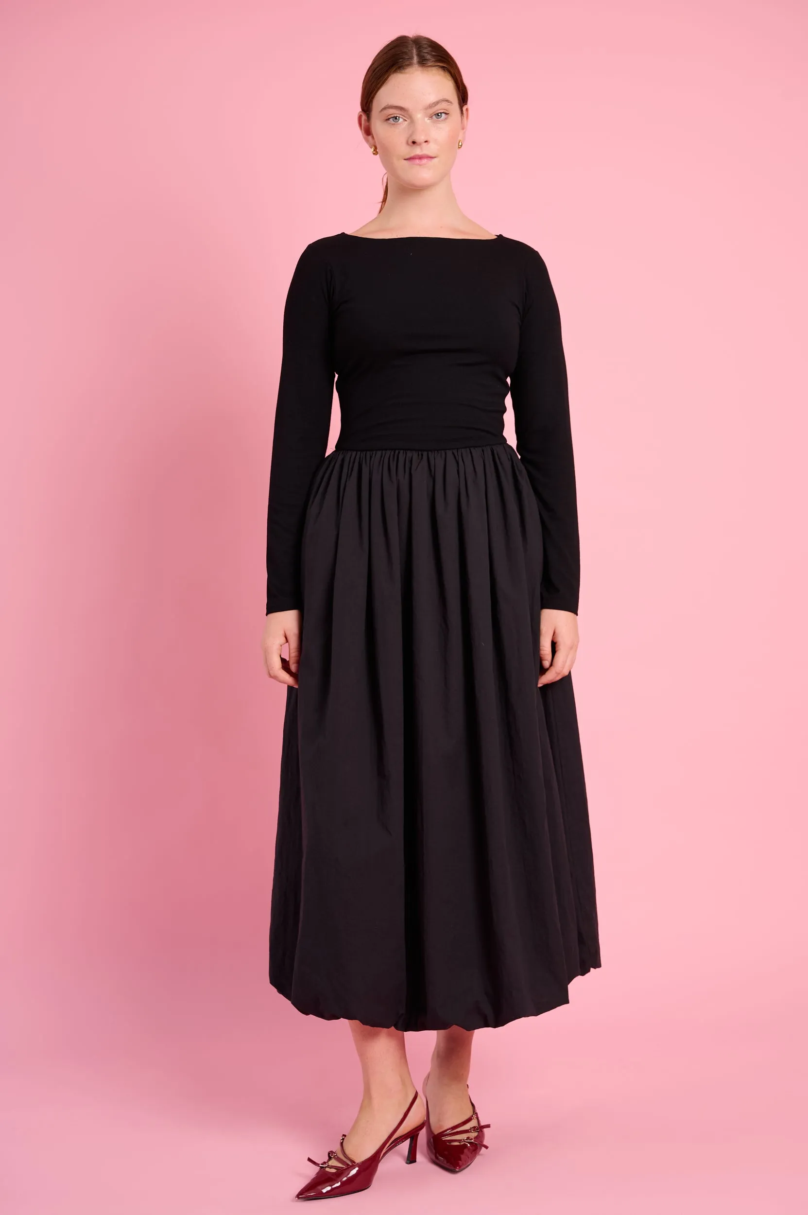 Long Sleeve Combo Dress in Black Convertible Style