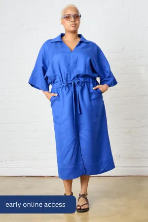 Pure Linen Blend Snug fit Linen Dolman Sleeve Dress in Cobalt