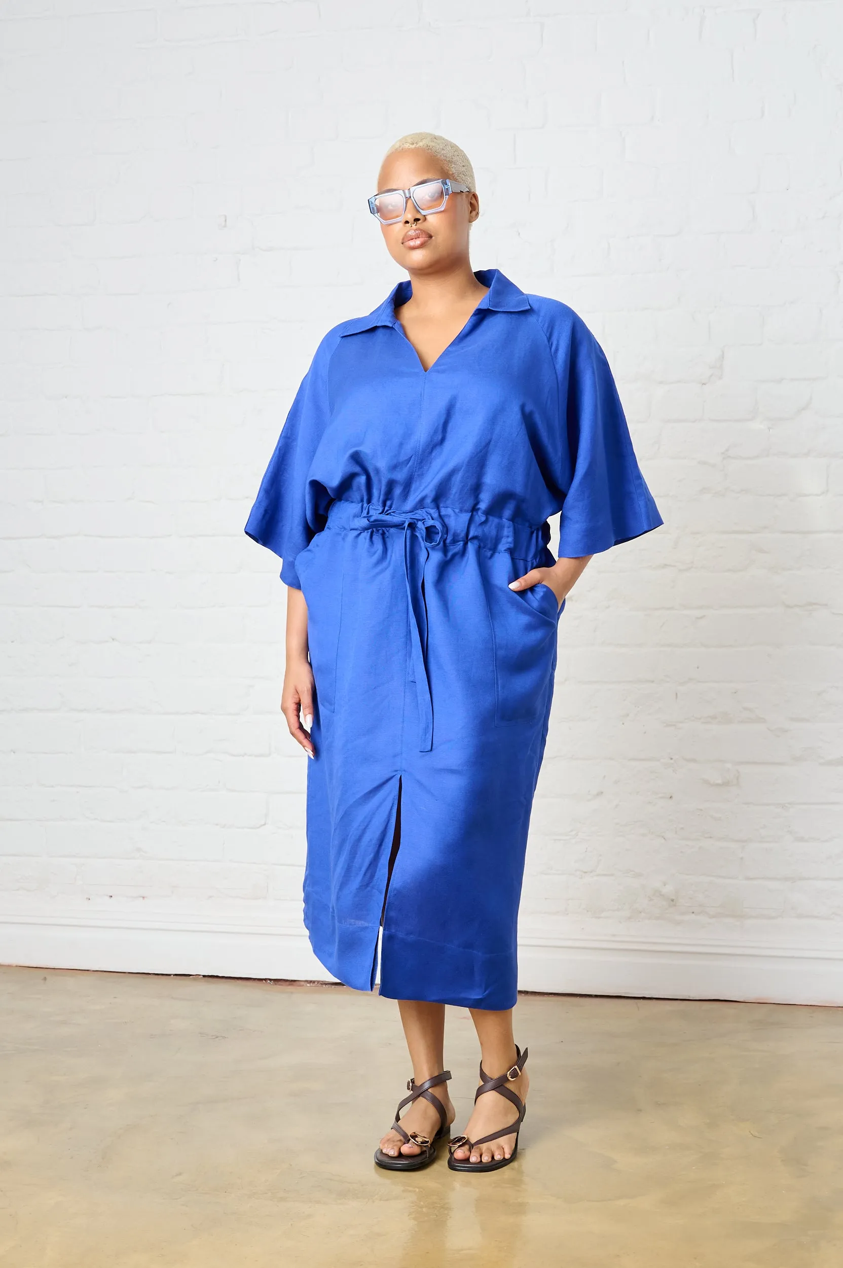 WrinkleResistant Fabric Linen Dolman Sleeve Dress in Cobalt