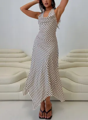 Junipa Halter Asymmetrical Maxi Dress White Stripe Ivory Glow Elegant dinner dress