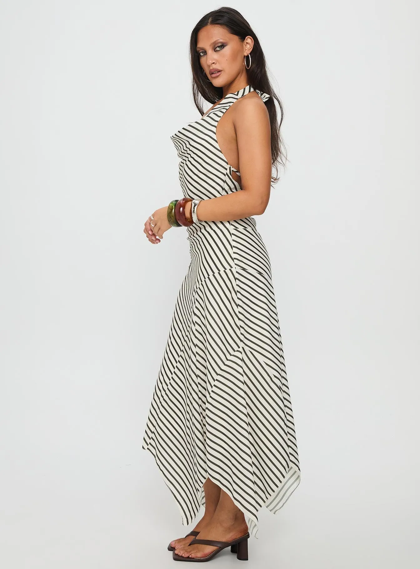 Retro Mode Sea View Junipa Halter Asymmetrical Maxi Dress White Stripe