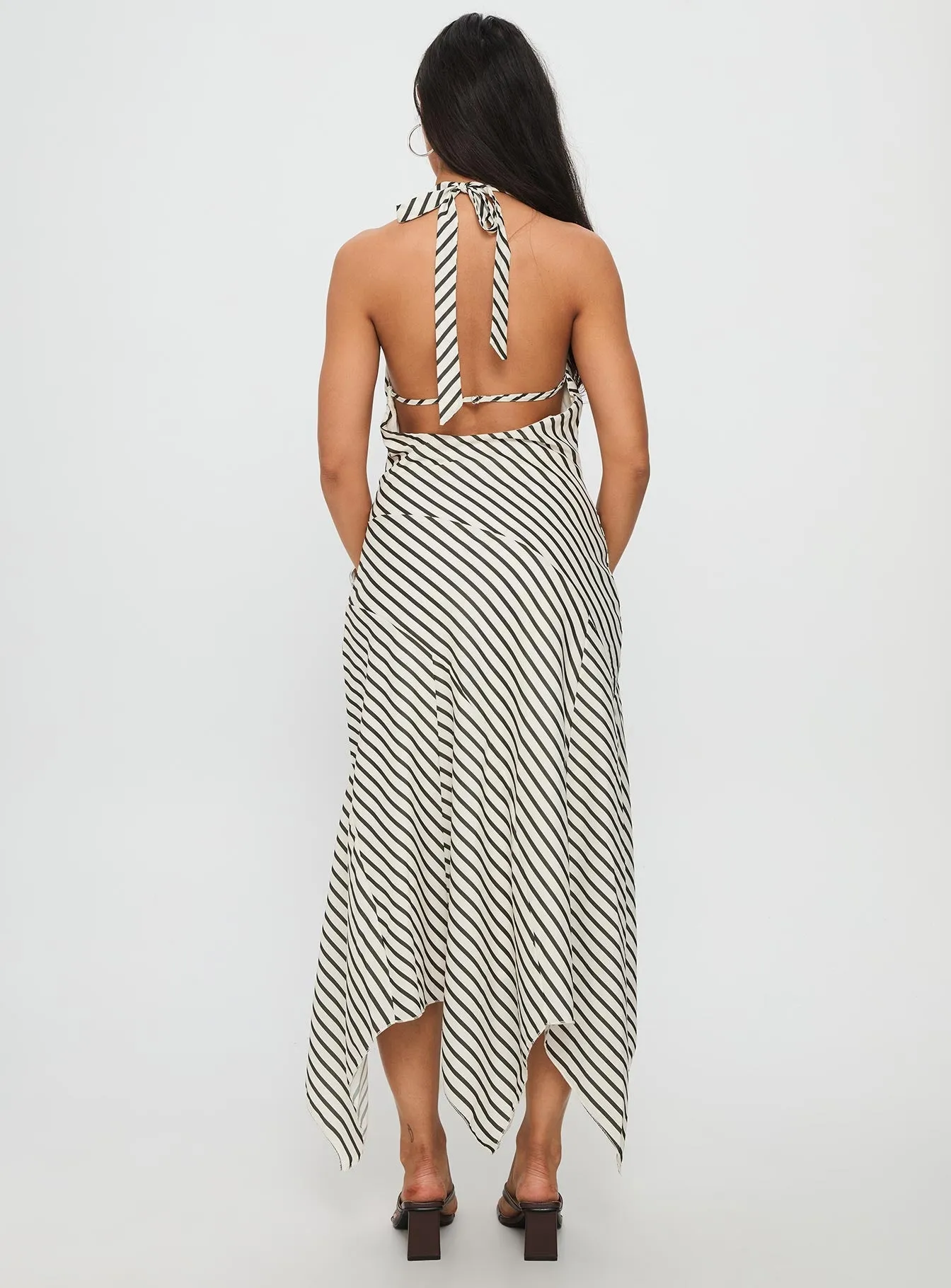Junipa Halter Asymmetrical Maxi Dress White Stripe wrap waist