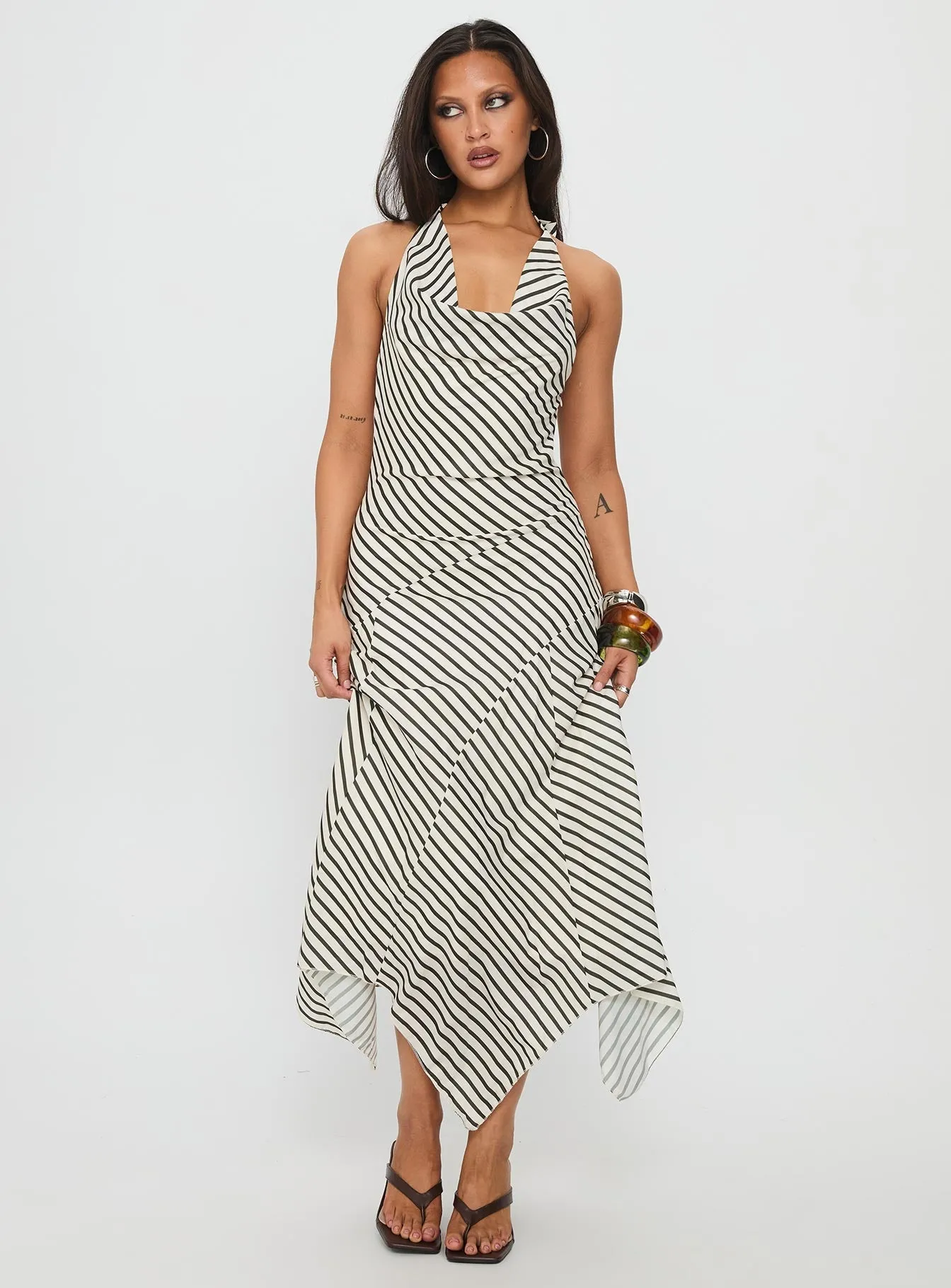 Junipa Halter Asymmetrical Maxi Dress White Stripe Cherry Bloom Opal Shine