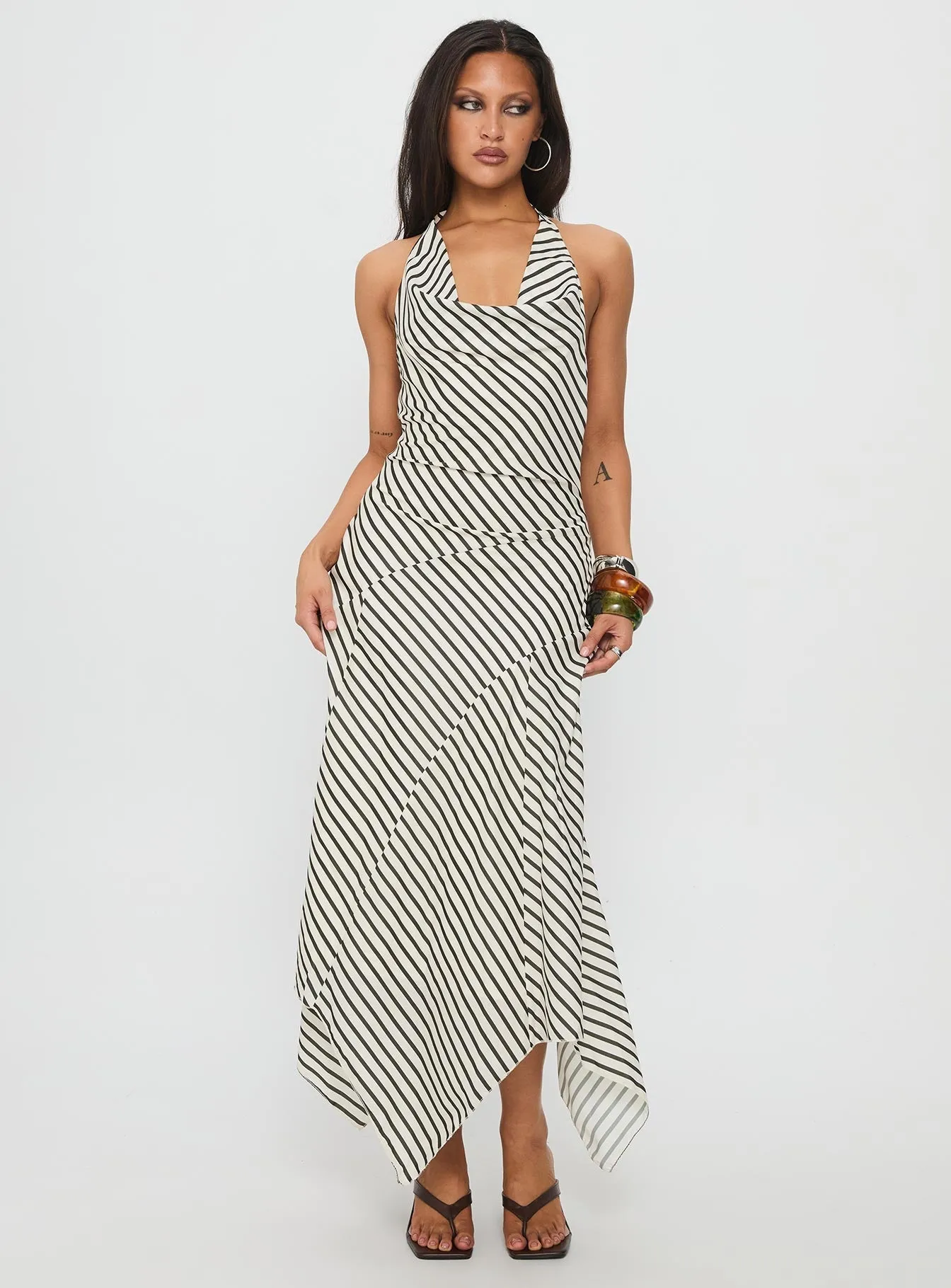 Junipa Halter Asymmetrical Maxi Dress White Stripe Bead Shine Maxi dress with belt