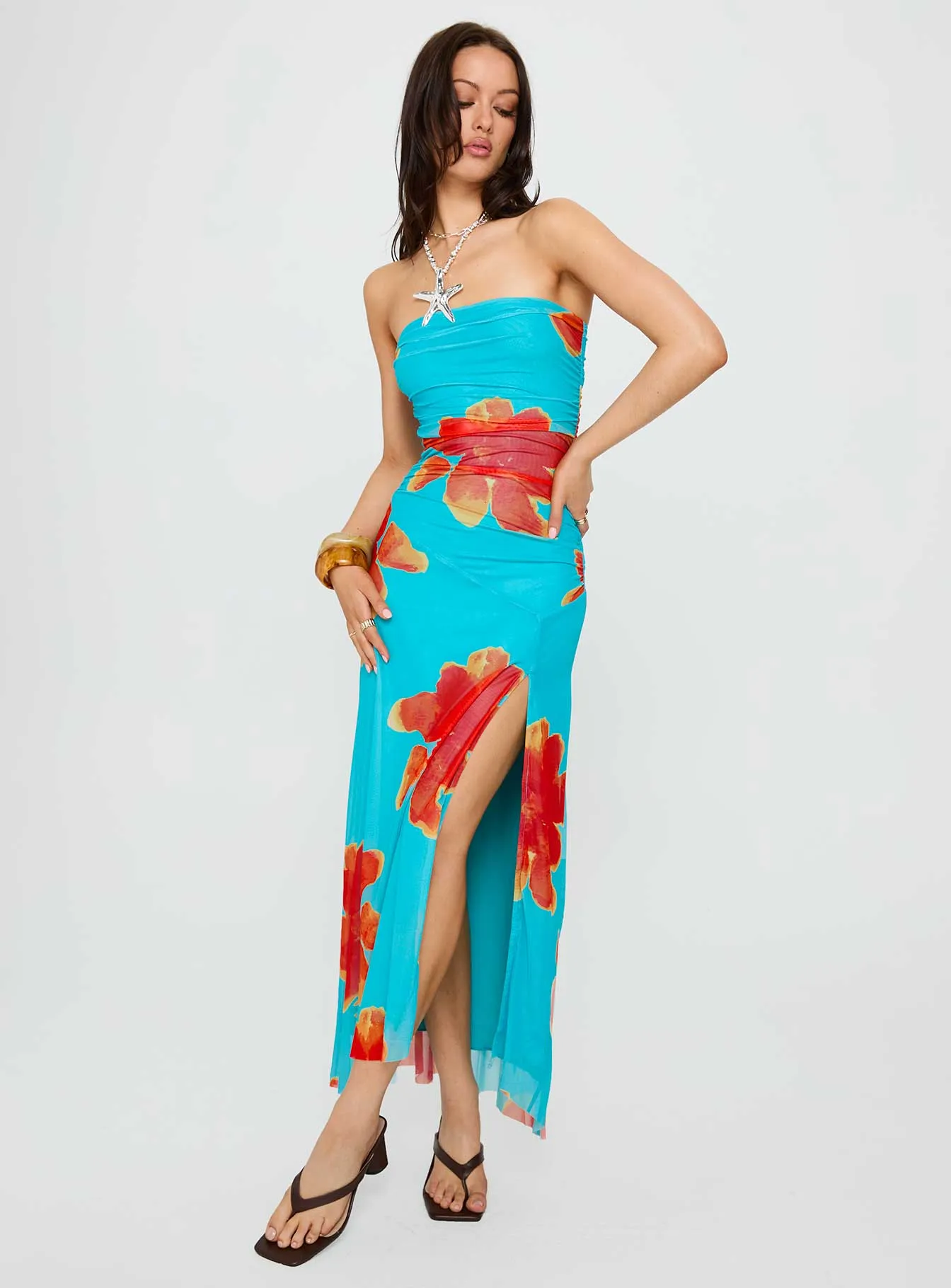 Breezy formal outfit Crepe Soft Katara Strapless Maxi Dress Blue / Orange Floral