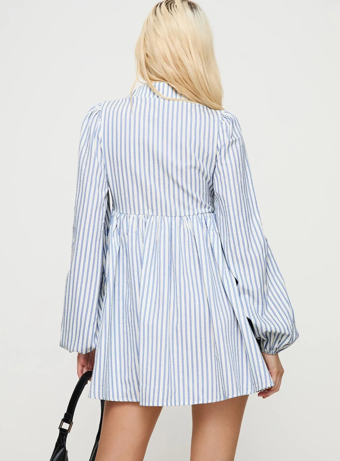 High Breathability Stylish Fit Ronelle Collared Long Sleeve Mini Dress Blue Stripe