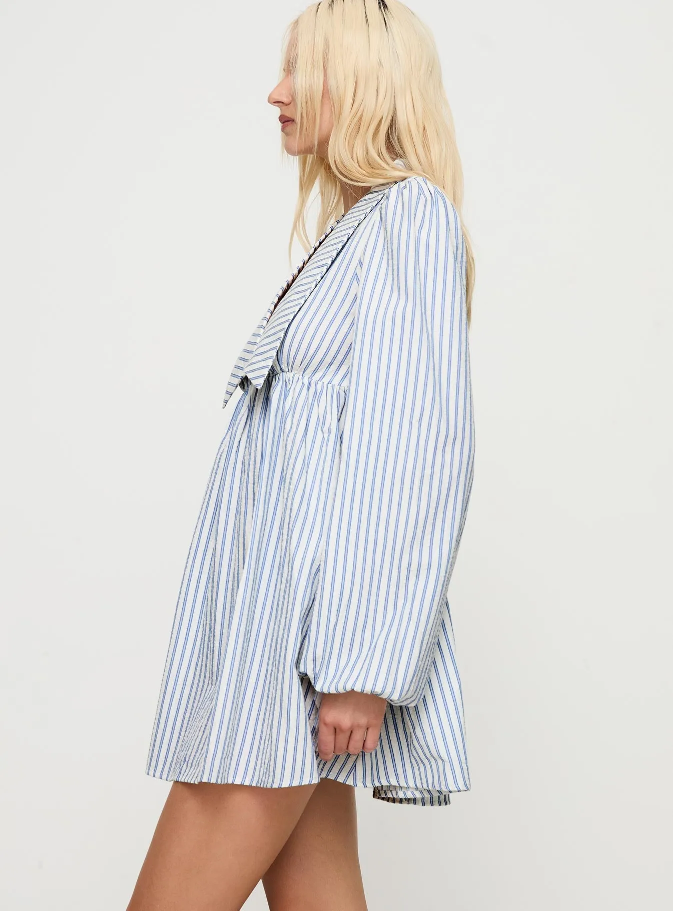 Full Coverage Back Feminine flattering short gown Ronelle Collared Long Sleeve Mini Dress Blue Stripe