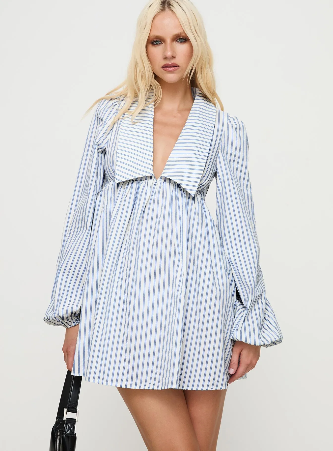 Odor Resistant Summer Wear Ronelle Collared Long Sleeve Mini Dress Blue Stripe
