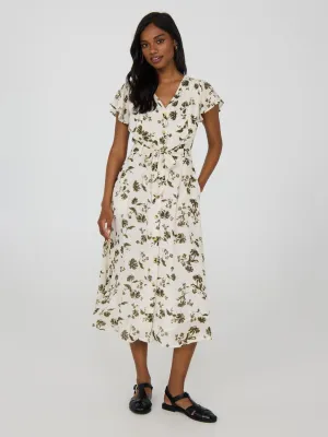 Floral Print Flutter Sleeve Button-Front Midi Dress Relaxed summer midi