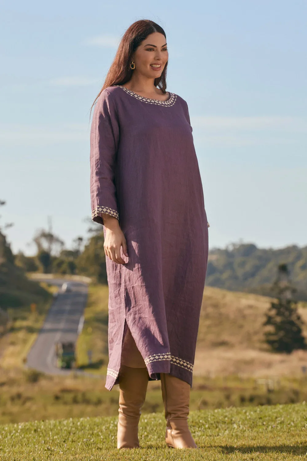 family gathering Jarla Linen Dress in Merlot Dream