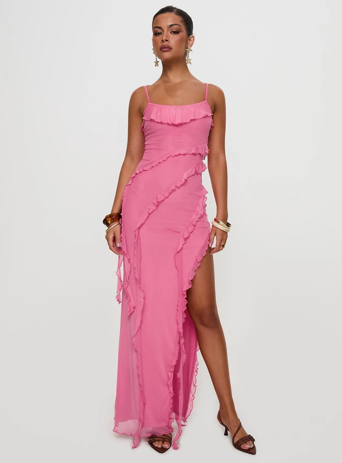 Valerian Frill Maxi Dress Pink Mesh Glow Bloom Arch