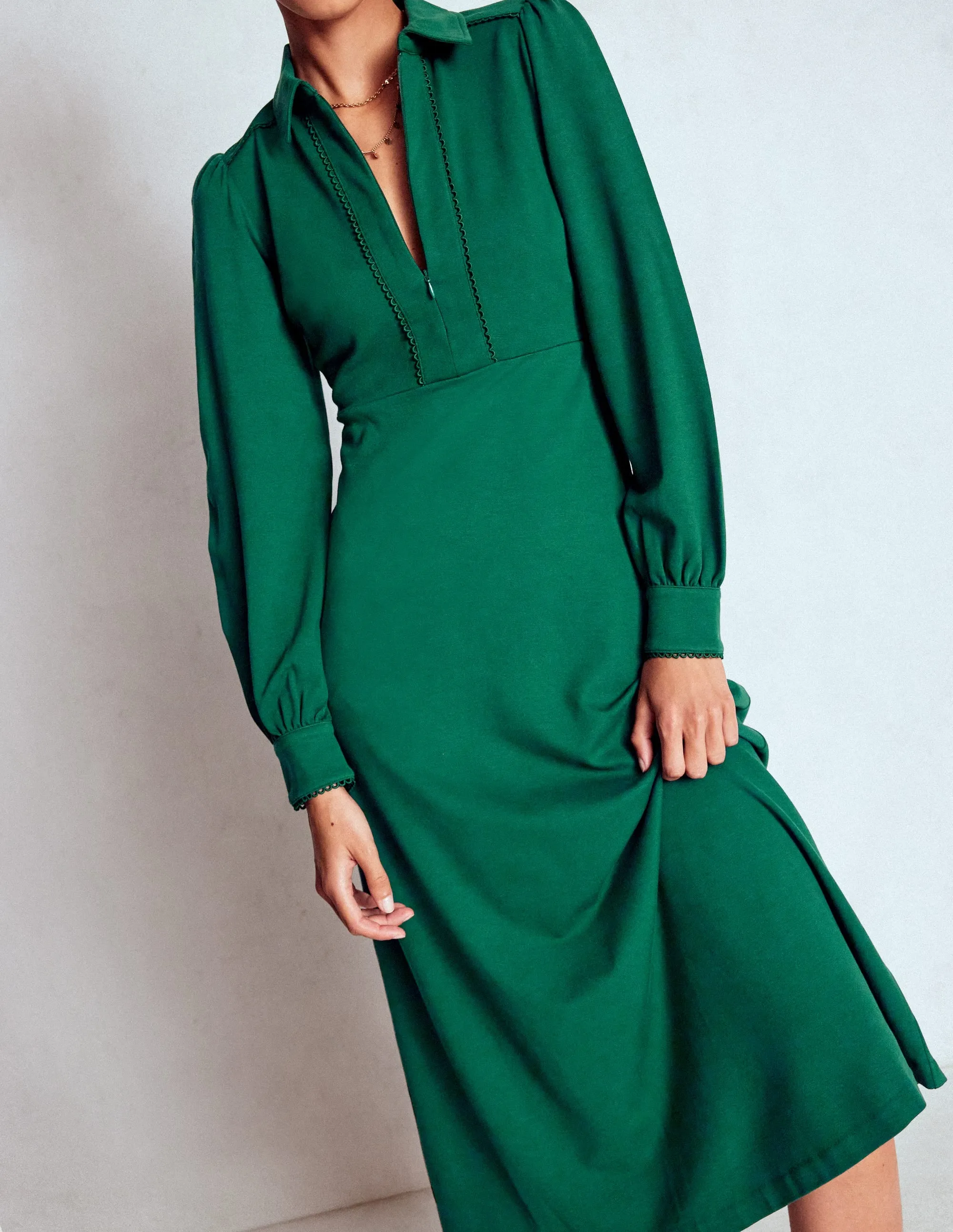 Pip Zip-Up Ponte Midi Dress-Emerald Night City Sleek Soft-touch day dress