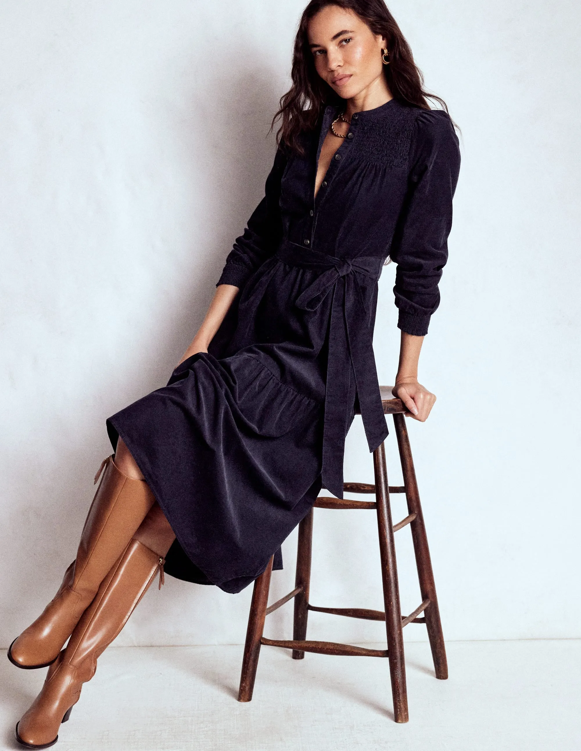 On The Go Fog Lane Cecily Cord Midi Dress-Navy