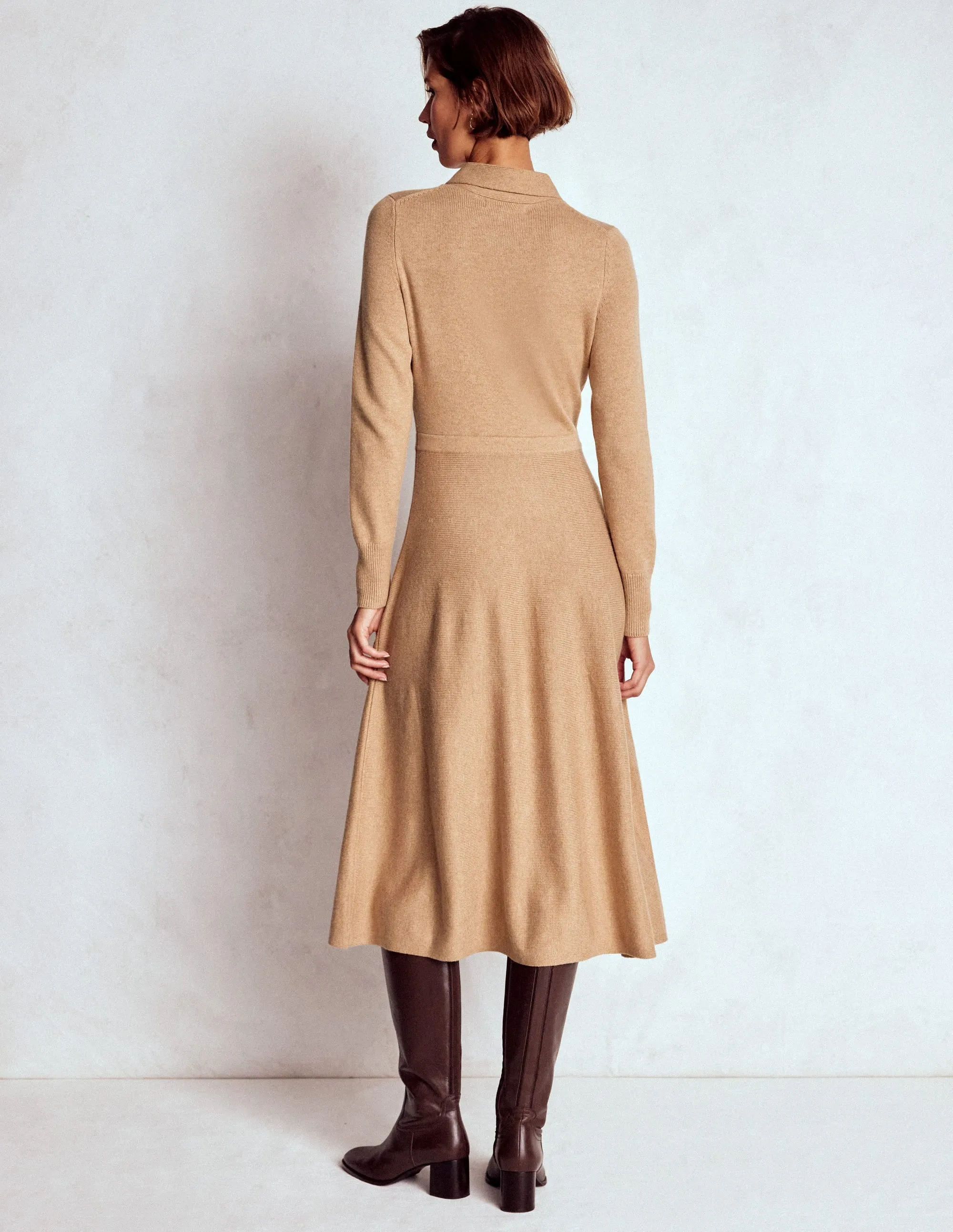 Casual yet elegant dress Flattering Silhouettes Knitted Bow Dress-Camel Melange