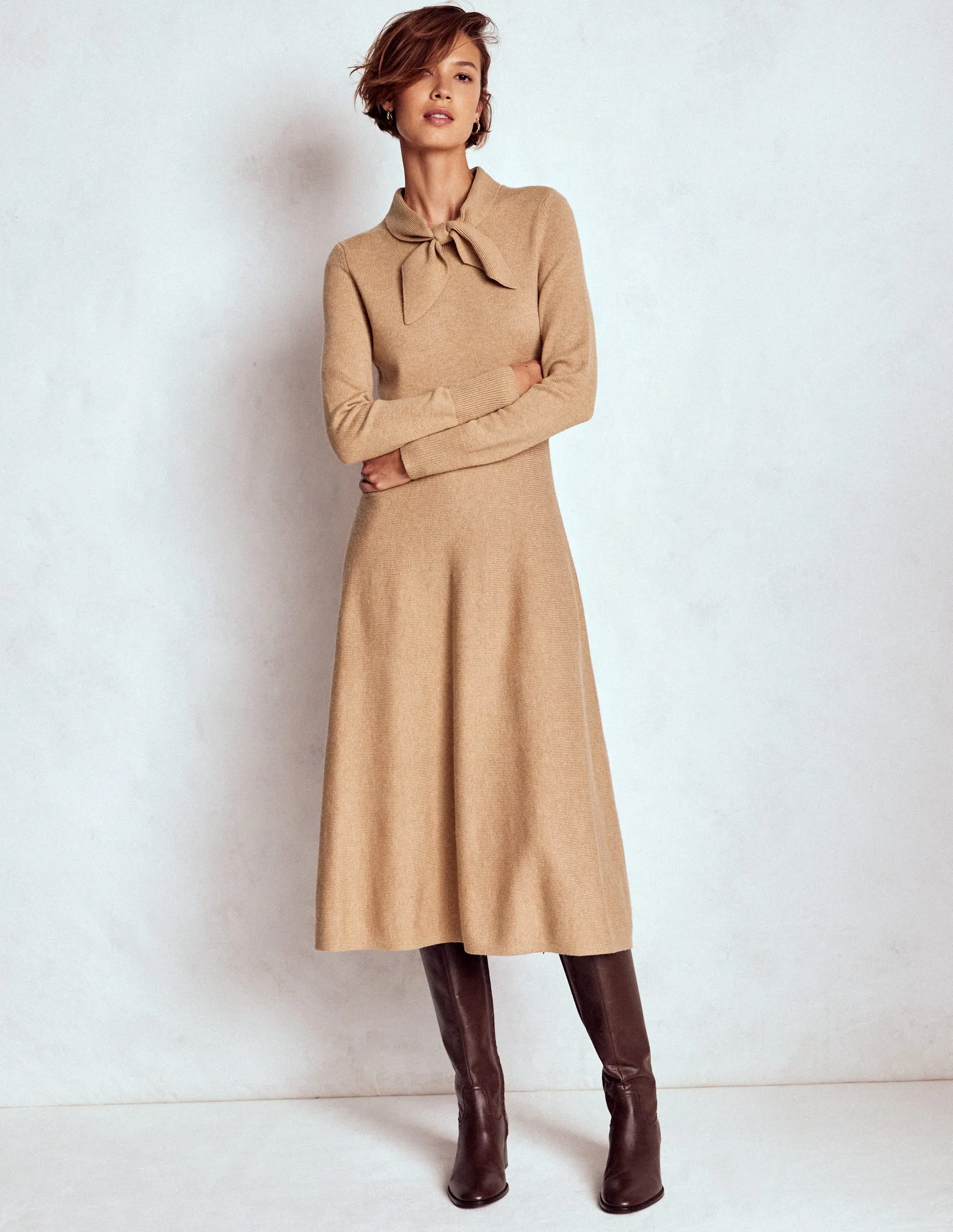 Knitted Bow Dress-Camel Melange rooftop party Polished Style