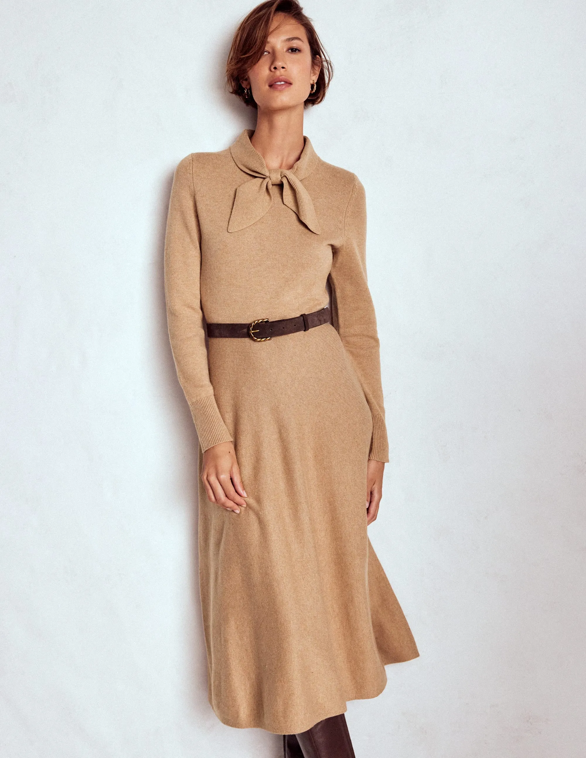 Knitted Bow Dress-Camel Melange Coffee Break