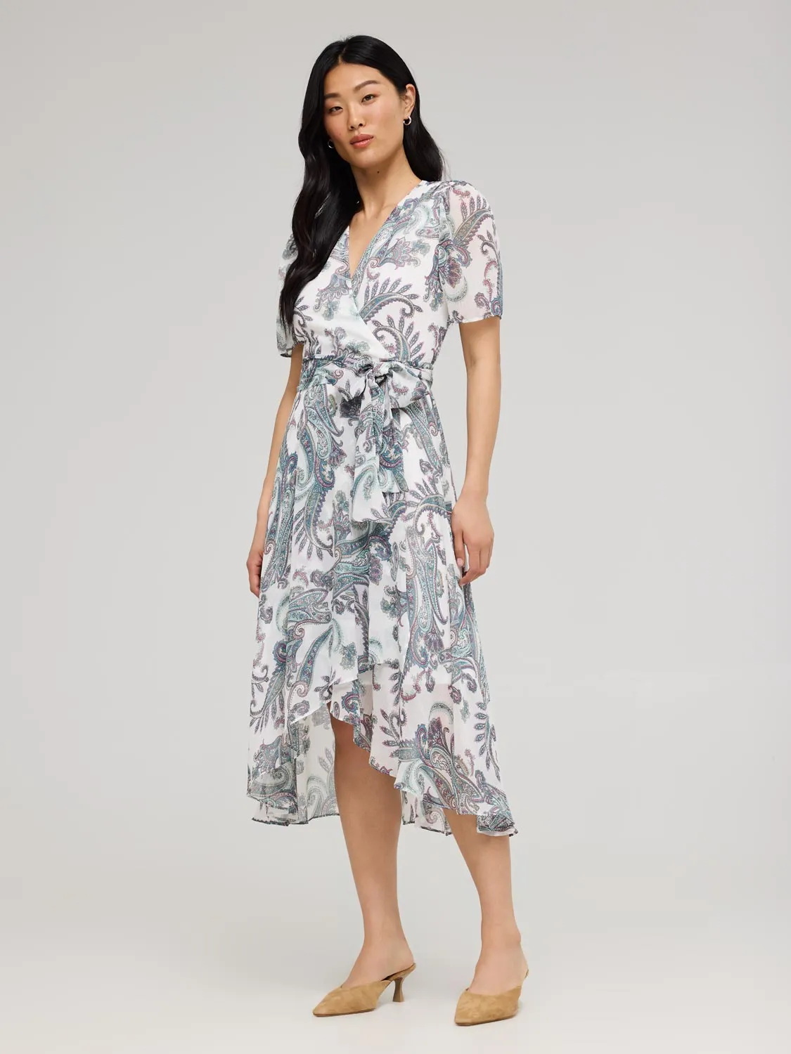 Cliff Edge Paisley Print Cross-Front High-Low Midi Dress