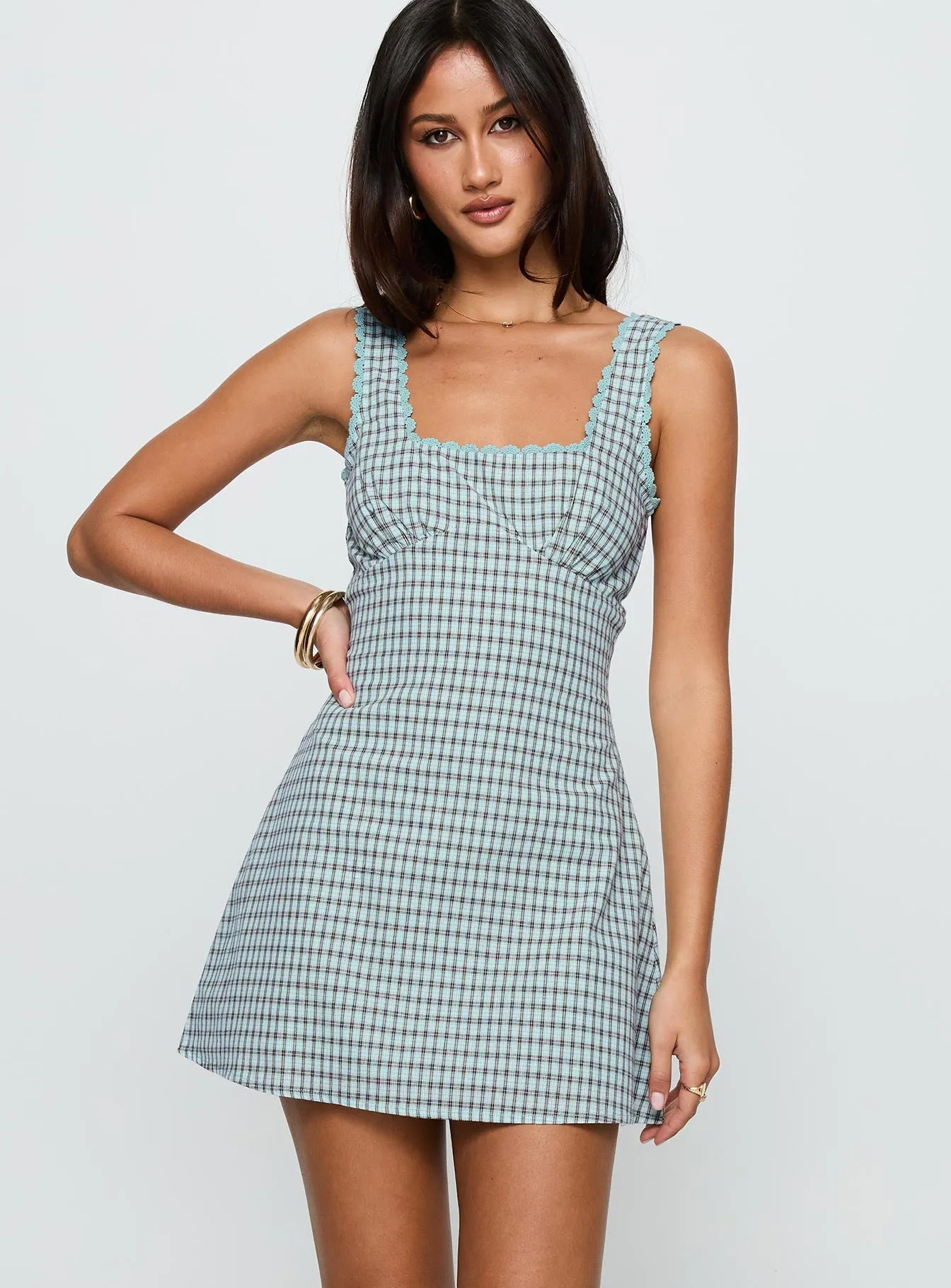 Slit Thigh Modification Dasha Mini Dress Blue / Brown Check
