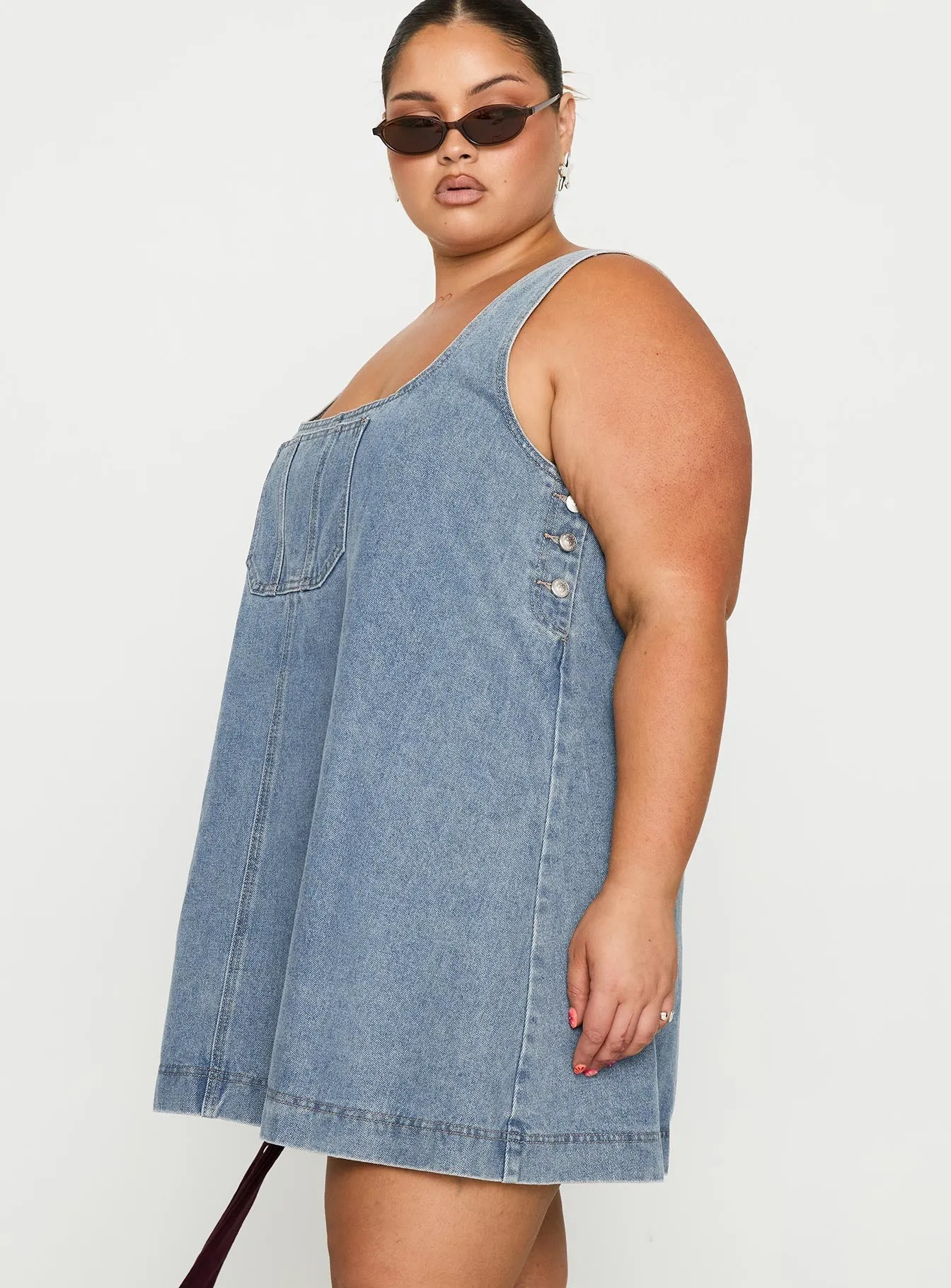 State Of Mind Mini Dress Blue Denim Curve Elasticized Cuff Design Low Bulk