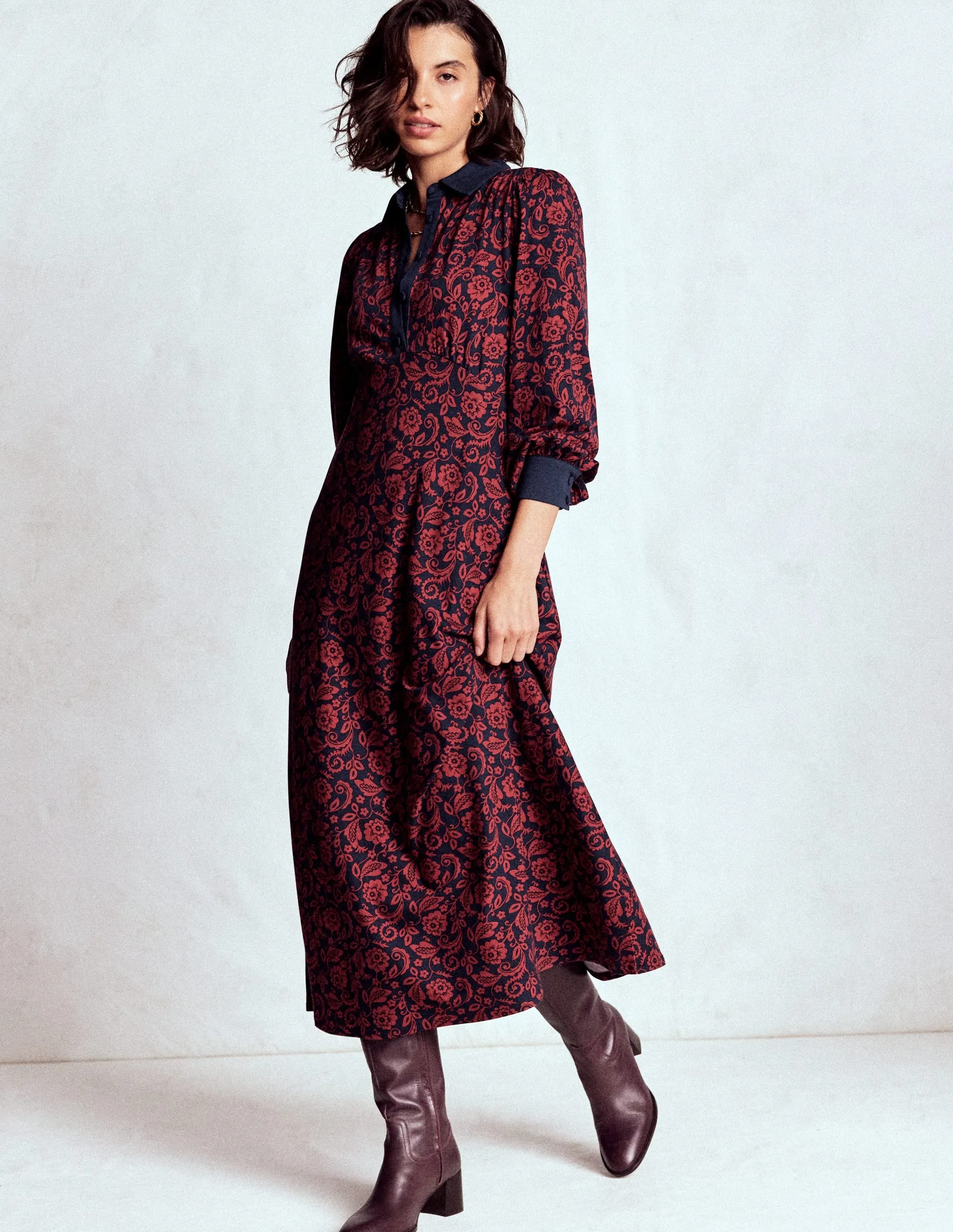 Empire Waistline Shirt Dress-Red, Ornate Flora Travel Ready Harbor Walk
