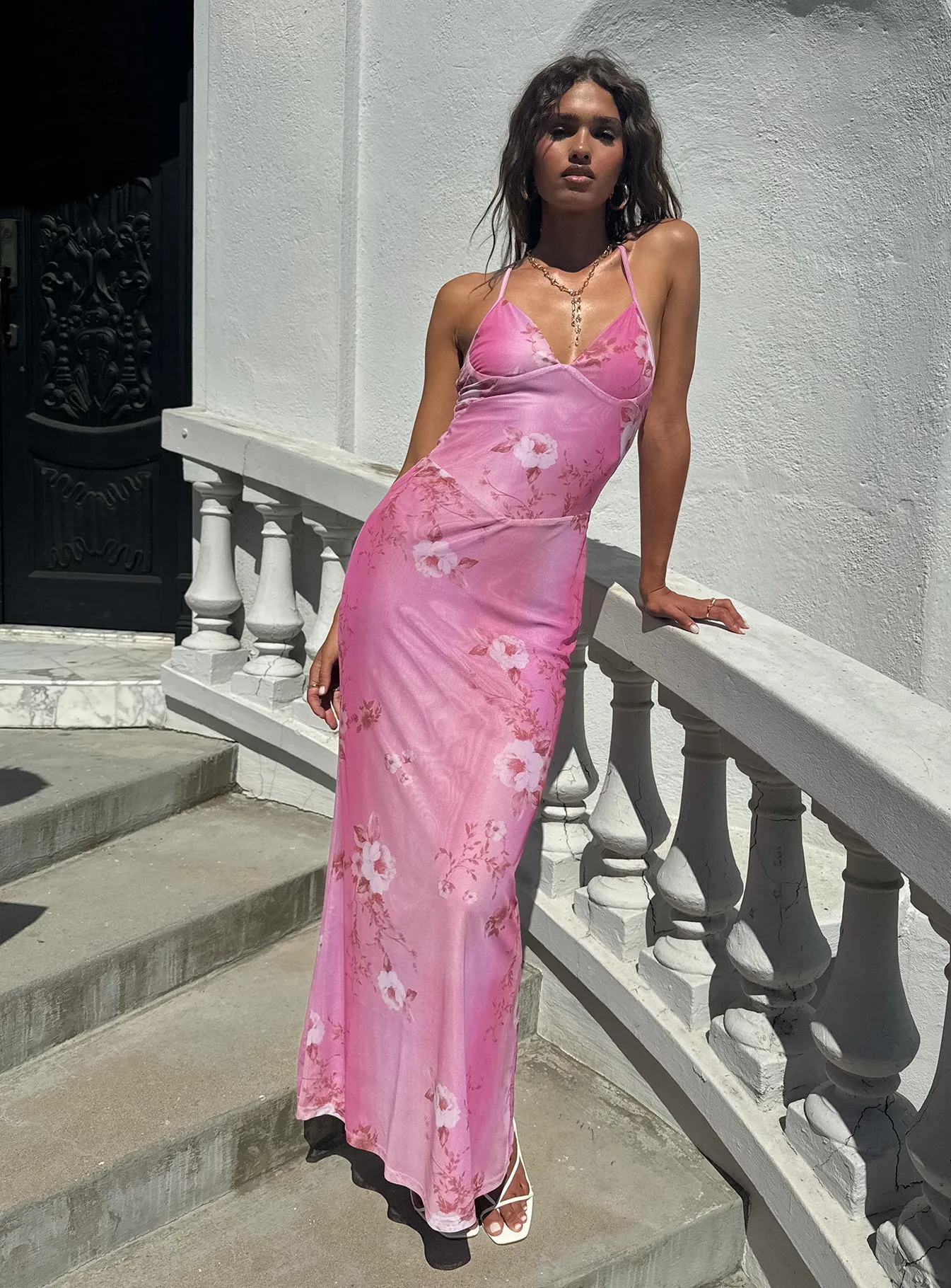 White Pure Maxi dress with belt Beverlie Halter Maxi Dress Pink Floral