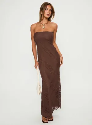 Majorca Strapless Lace Maxi Dress Chocolate Earth Brown Starlight Sky