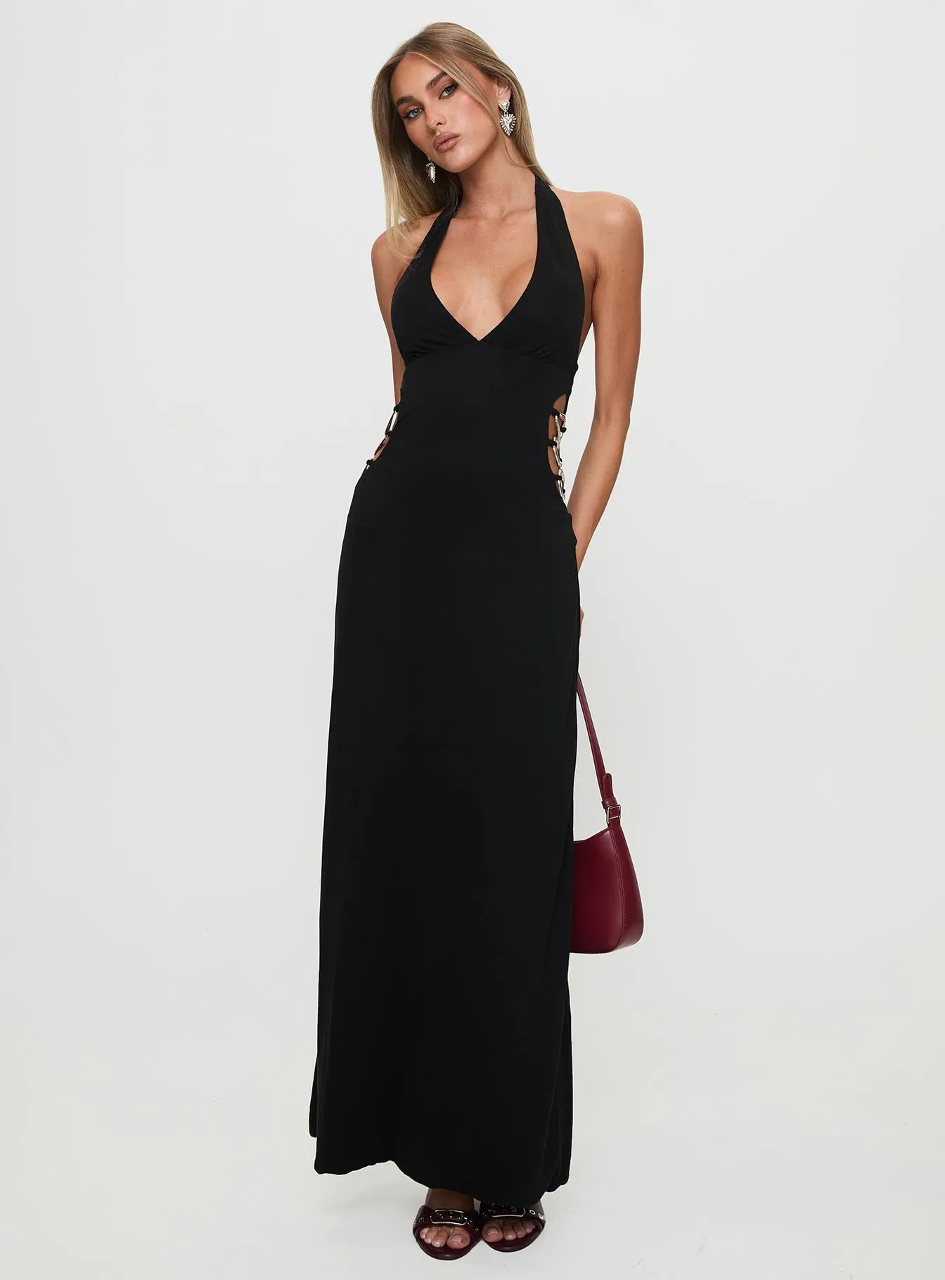 Cotton Shade Sapphire Glow Make A Fortune Hardware Halter Maxi Dress Black