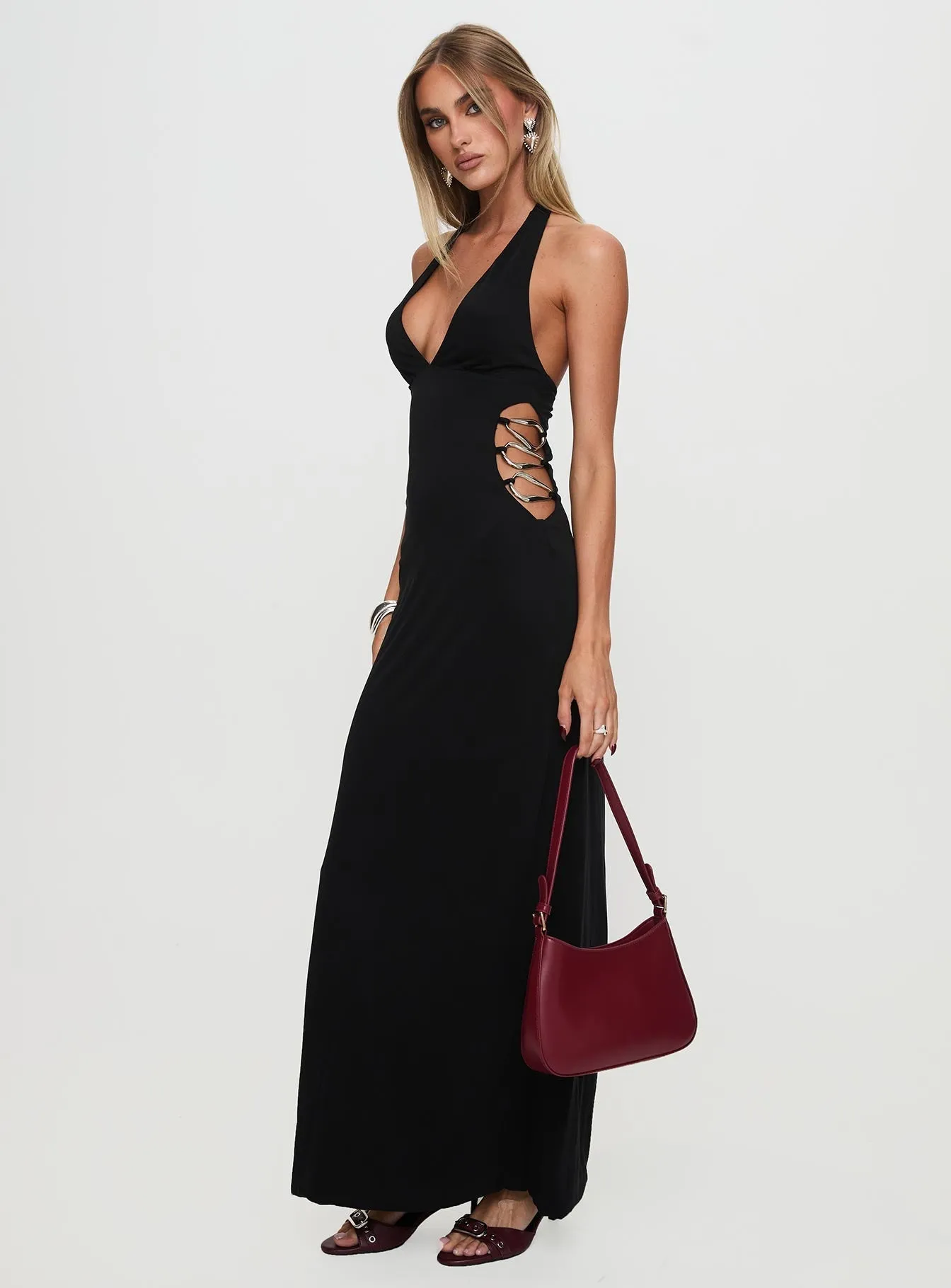 Make A Fortune Hardware Halter Maxi Dress Black Relaxed and stylish dress