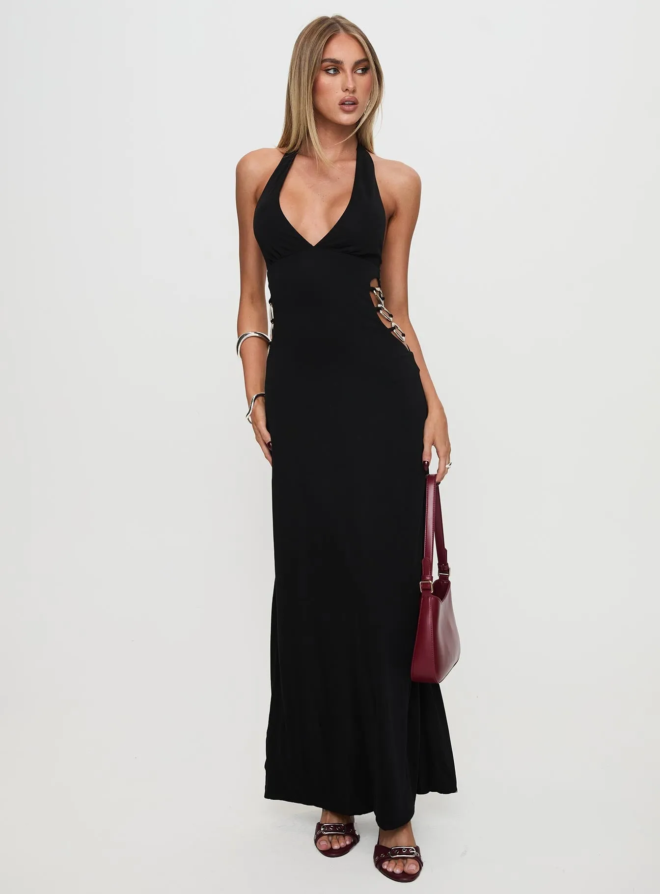 Strong Aura Emerald Shine Make A Fortune Hardware Halter Maxi Dress Black