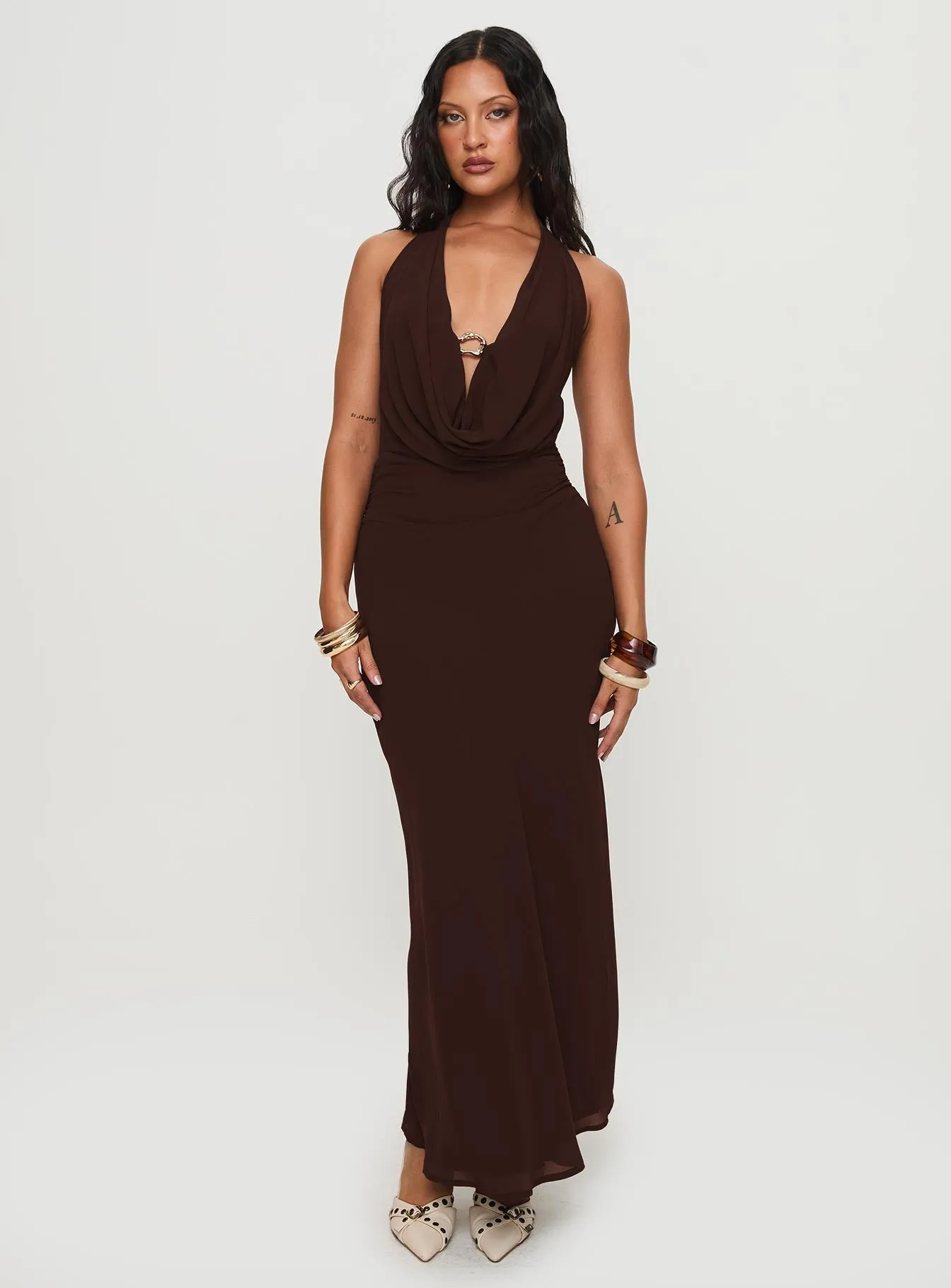 Evening Gold Alejandria Cowl Neck Maxi Dress Chocolate
