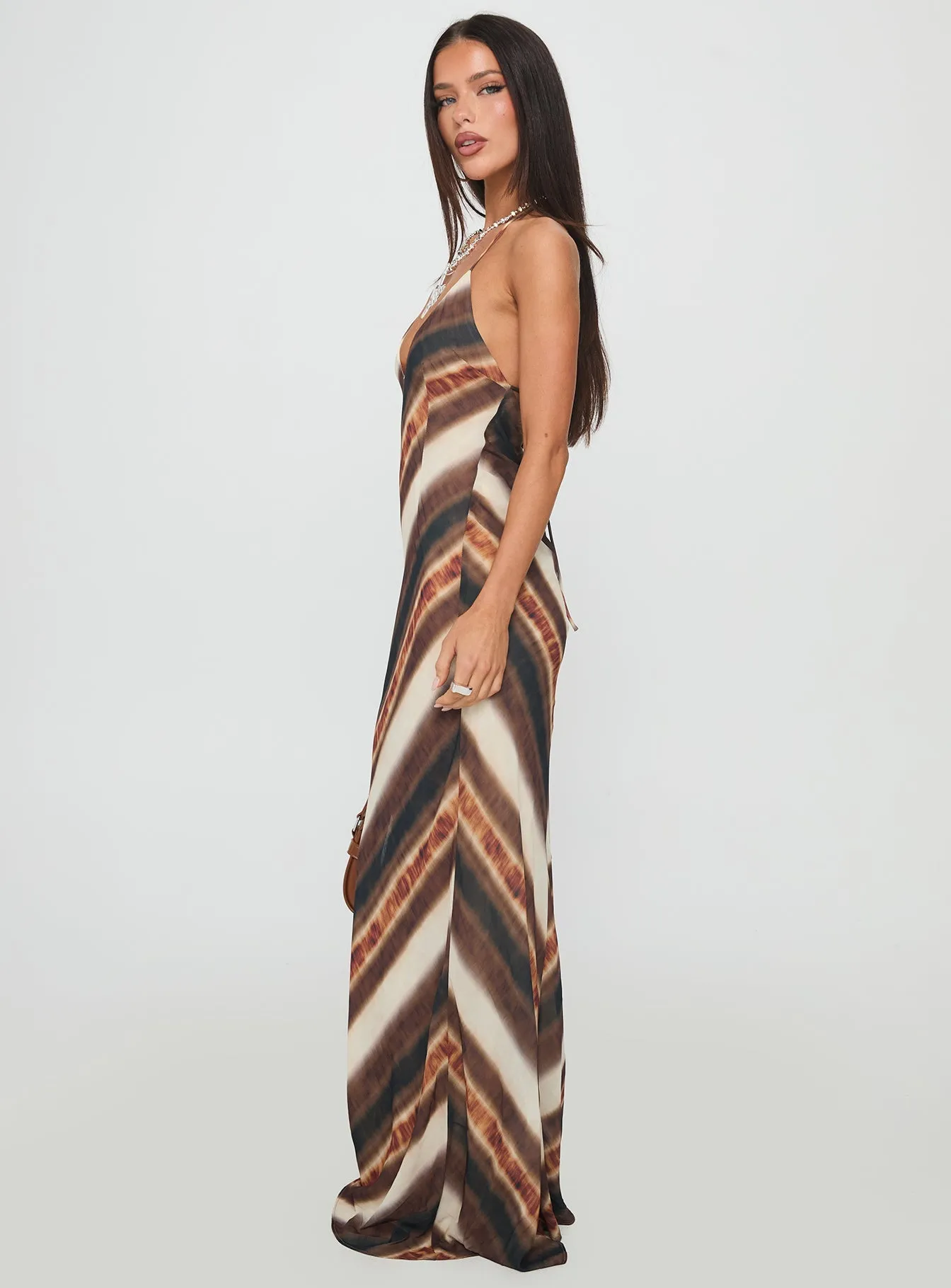 Velvet Glow Esmira Halter Maxi Dress Brown Stripe
