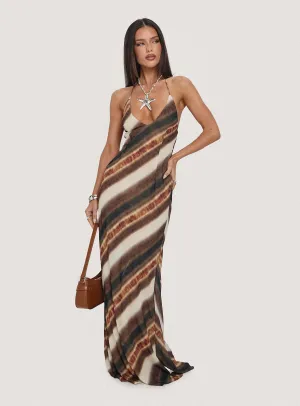 Purple Mist Esmira Halter Maxi Dress Brown Stripe