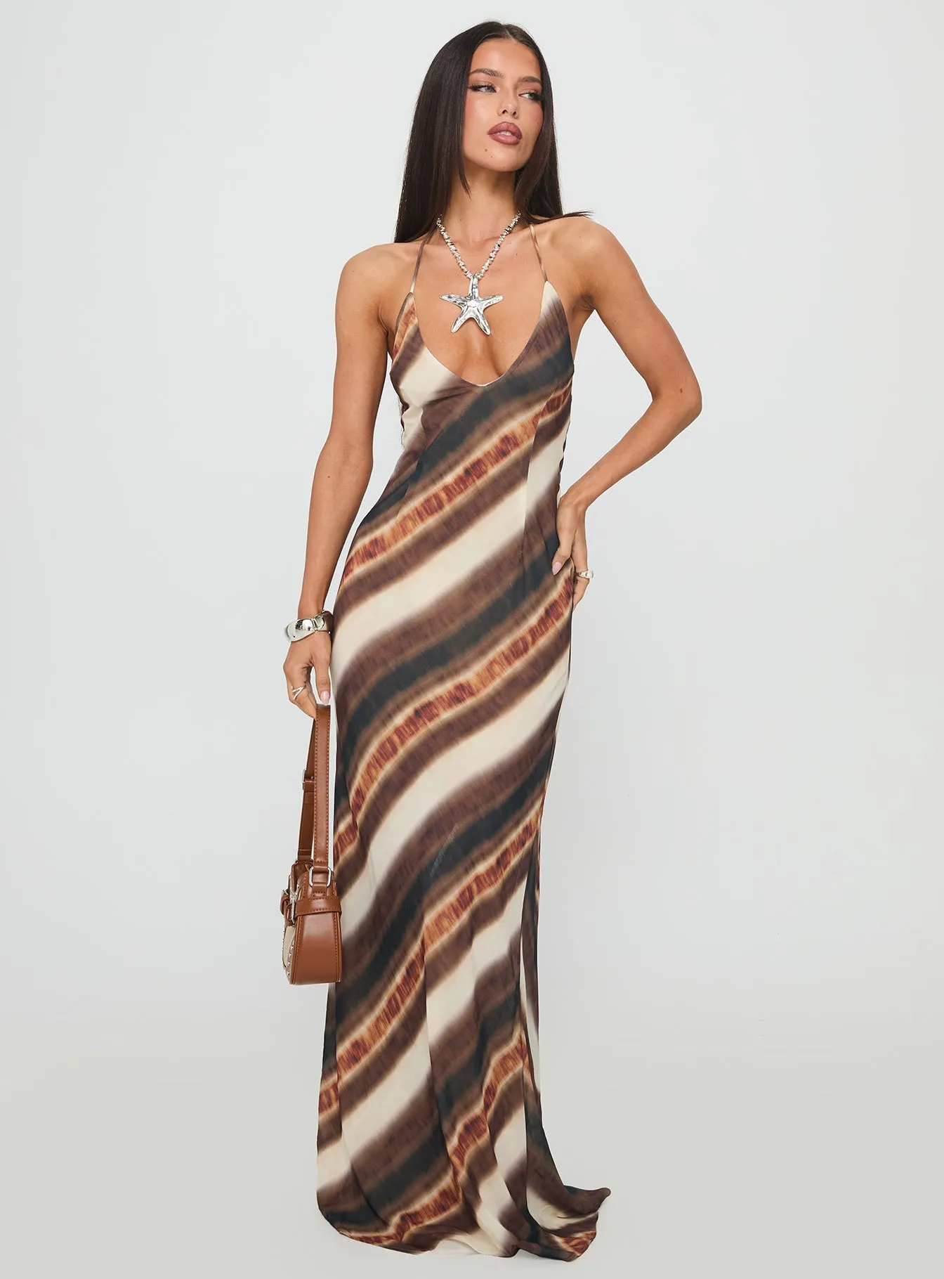 The elegant cut of this dress highlights your figure while offering plenty of room to move Lawn Wedding Esmira Halter Maxi Dress Brown Stripe