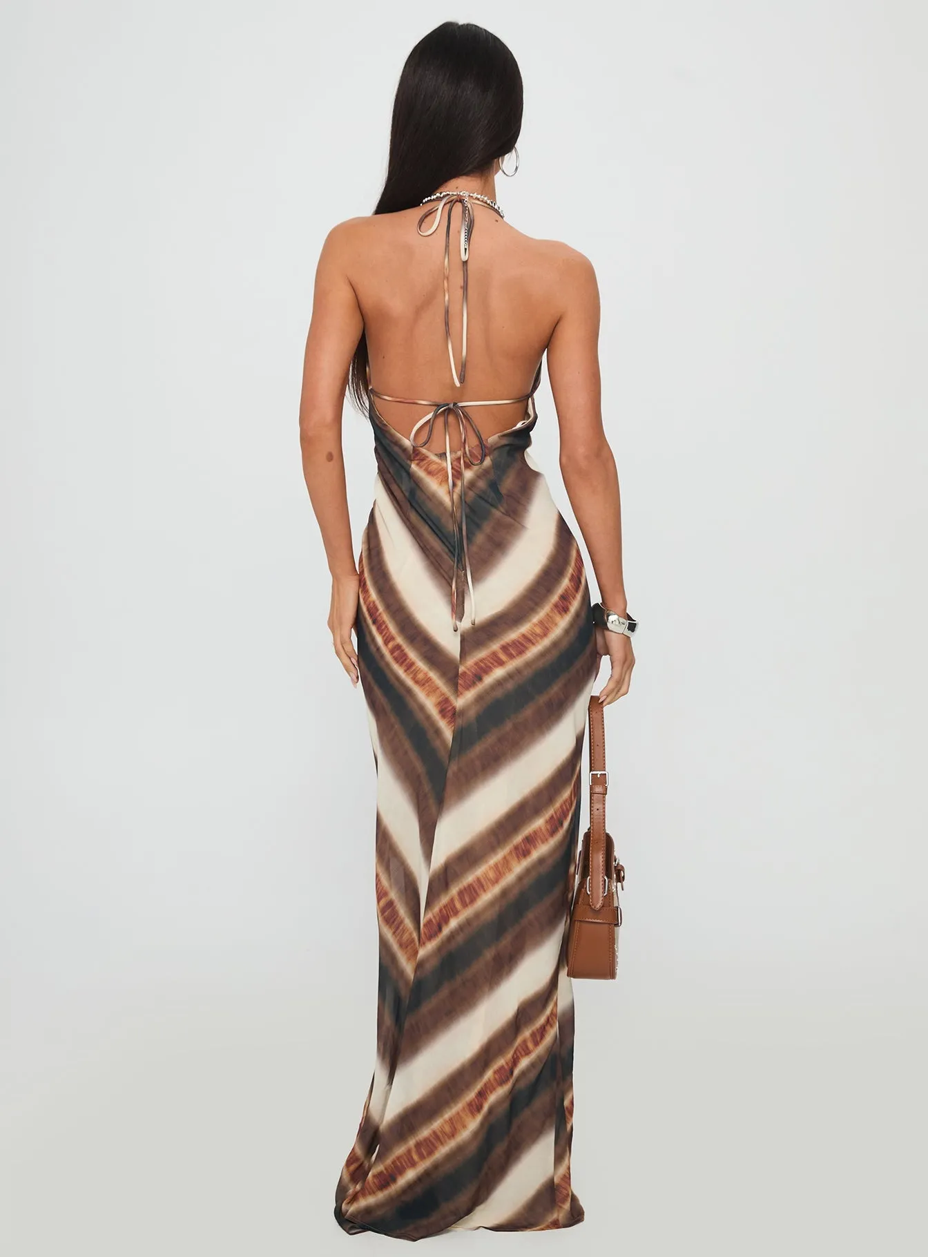 Esmira Halter Maxi Dress Brown Stripe Cold Cozy